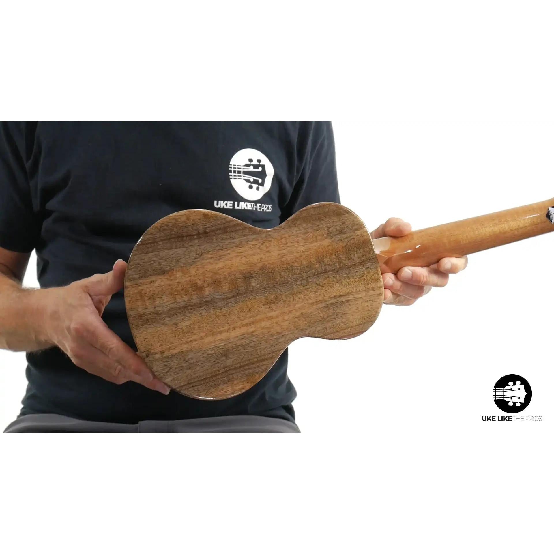 Rebel Double Creme ukulele back view featuring natural wood grain, Terry Carter Music Store