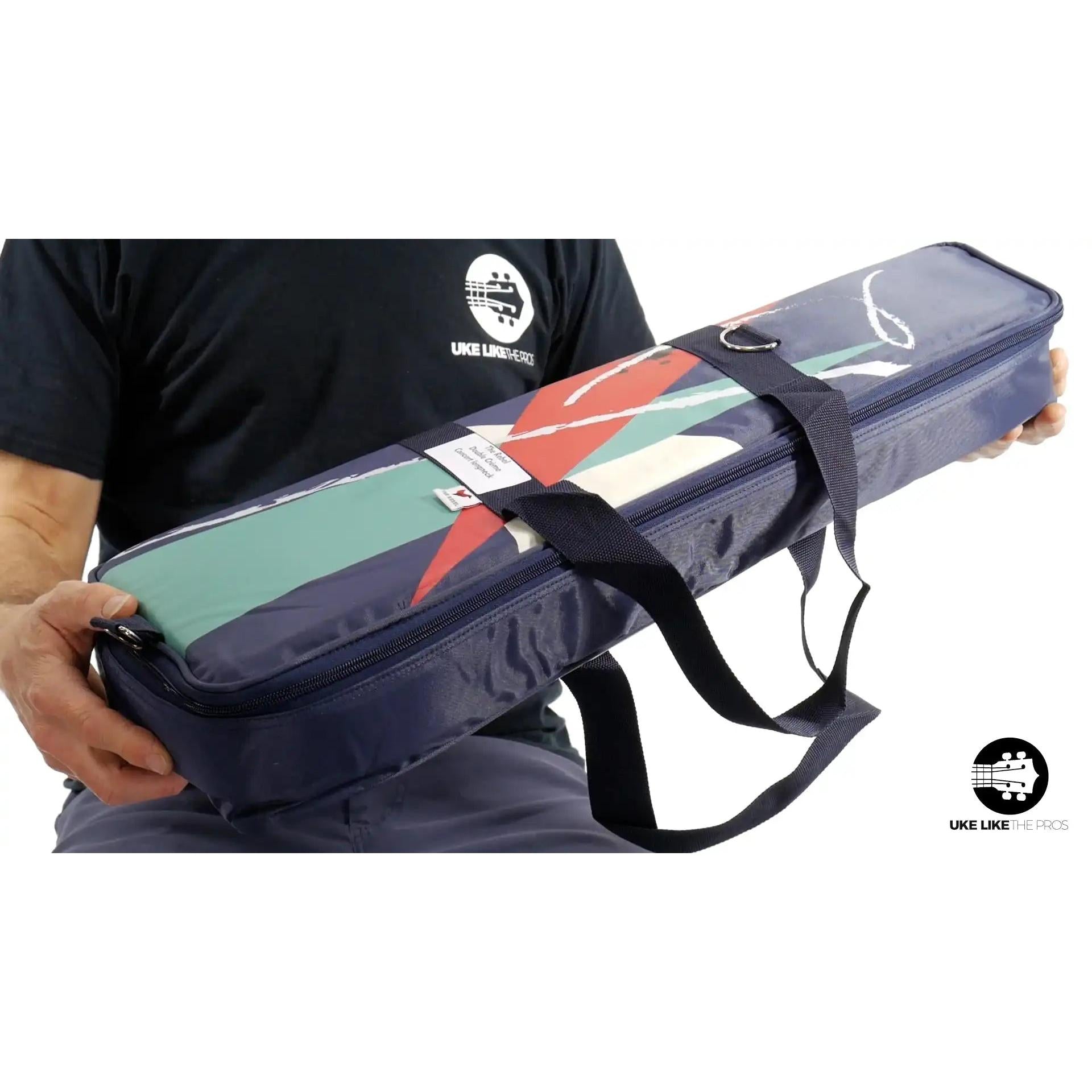 Rebel Double Creme Concert Longneck ukulele case with colorful design, Terry Carter Music Store