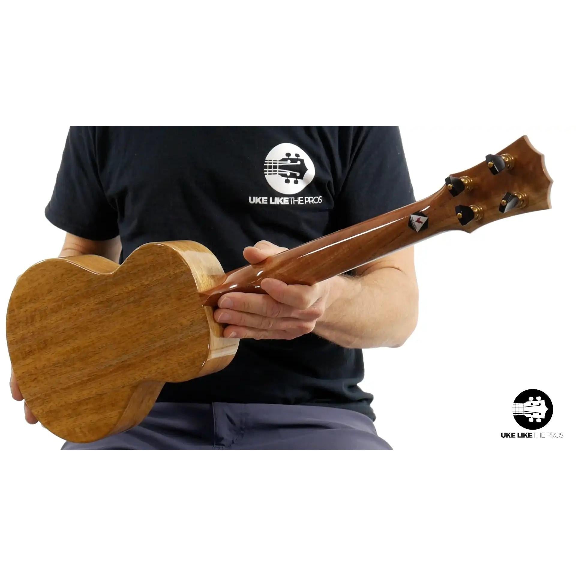 Rebel Double Creme ukulele mahogany back and headstock closeup, Terry Carter Music Store