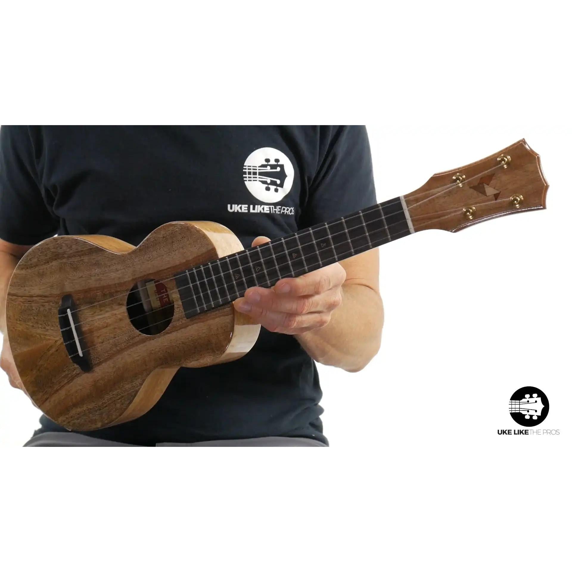 Rebel Double Creme ukulele headstock and fretboard, natural wood grain, Terry Carter Music Store