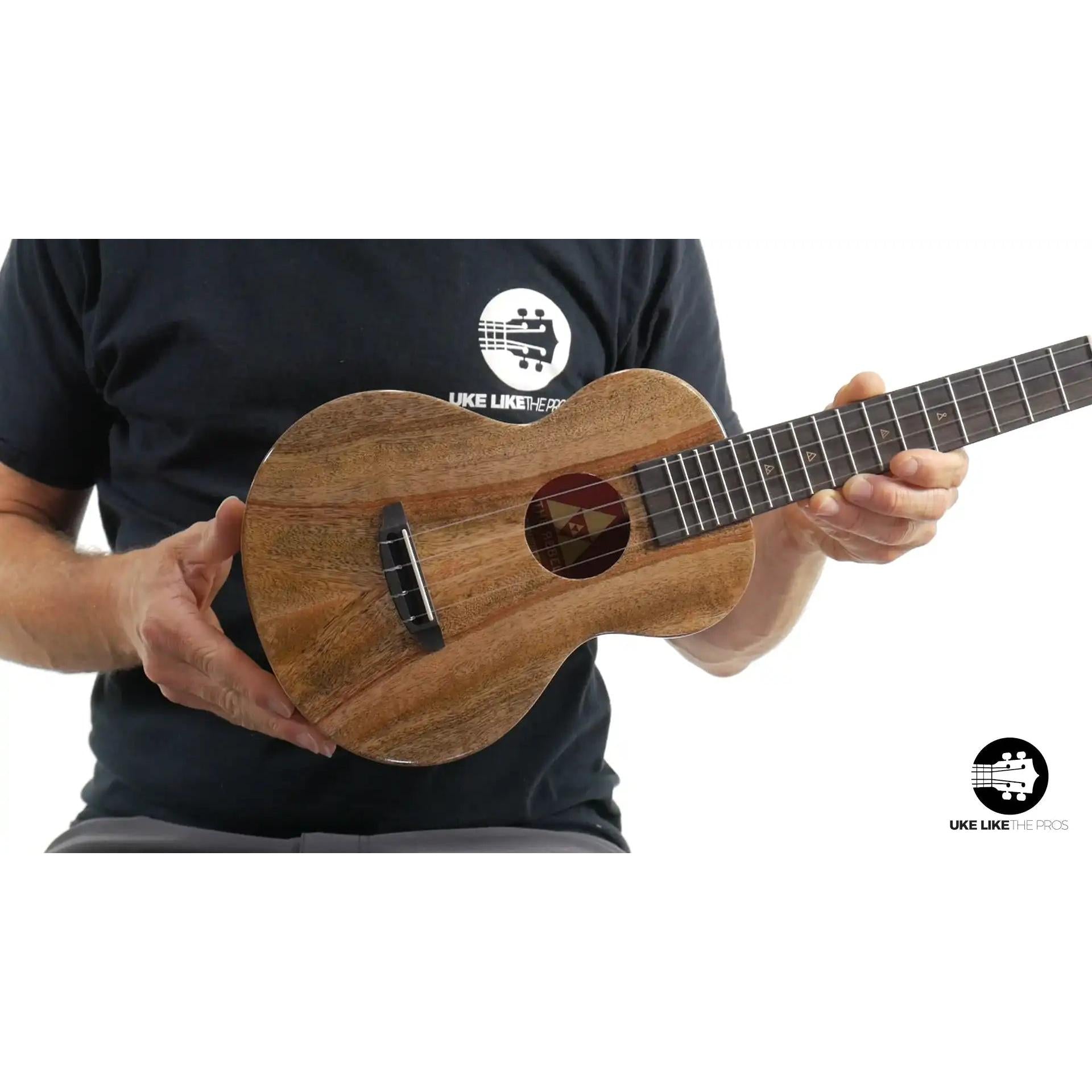 Rebel Double Creme ukulele with natural wood finish, displayed at Terry Carter Music Store