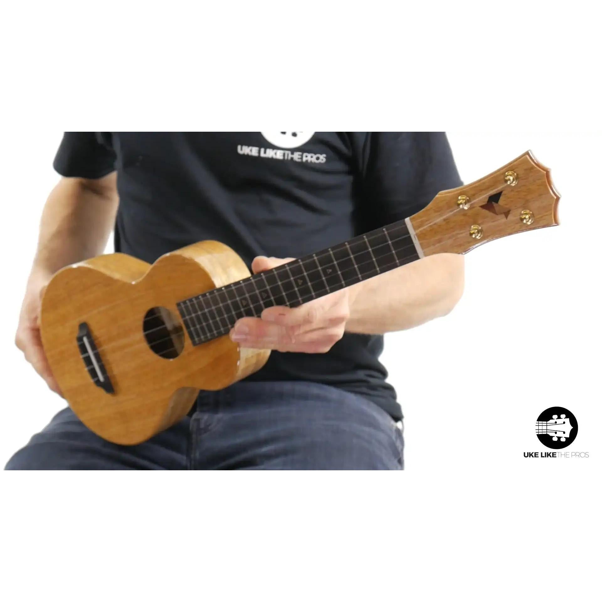 Rebel Double Creme ukulele with natural wood finish, headstock front view at Terry Carter Music Store