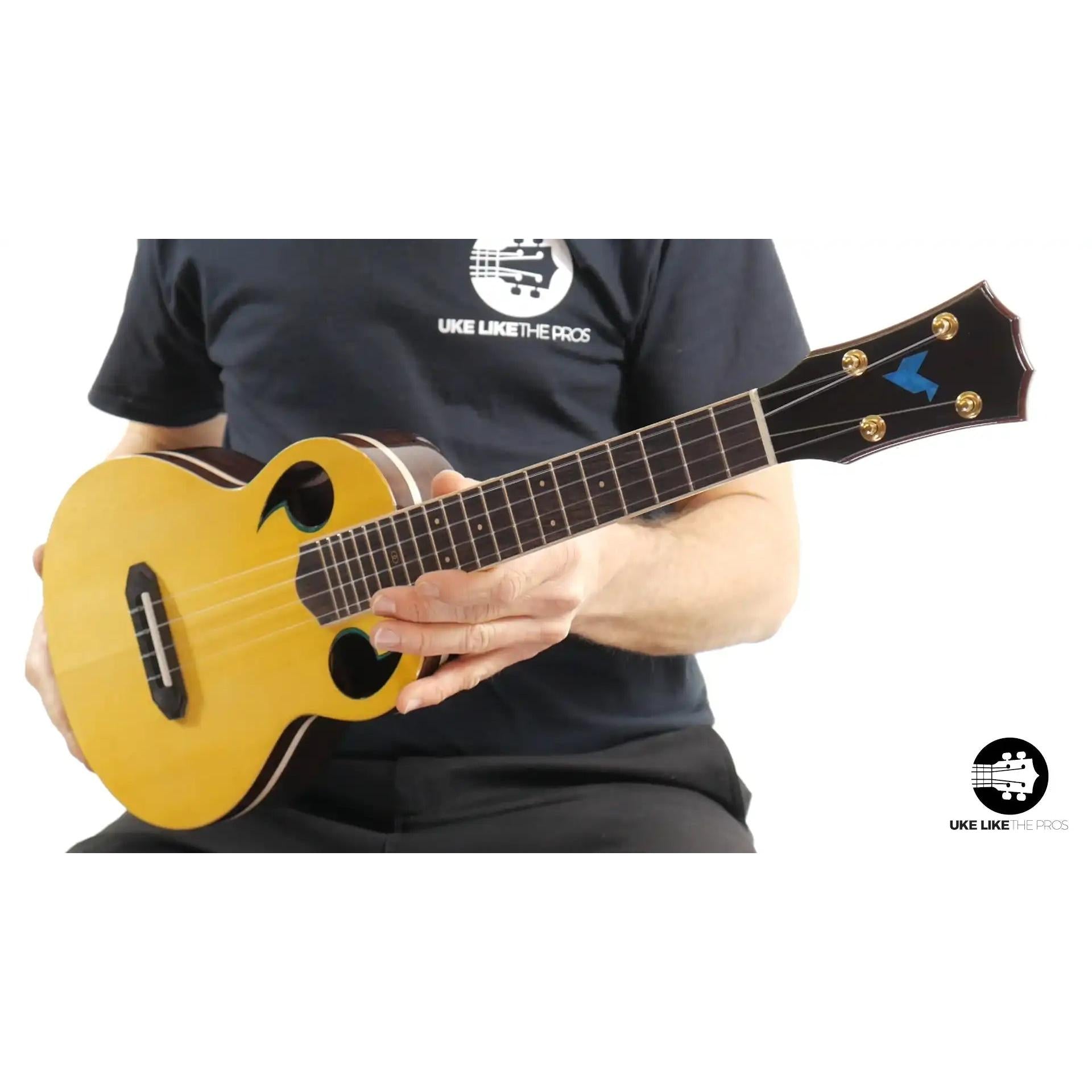 Rebel Quark ukulele with light wood top shown close-up, available at Terry Carter Music Store.