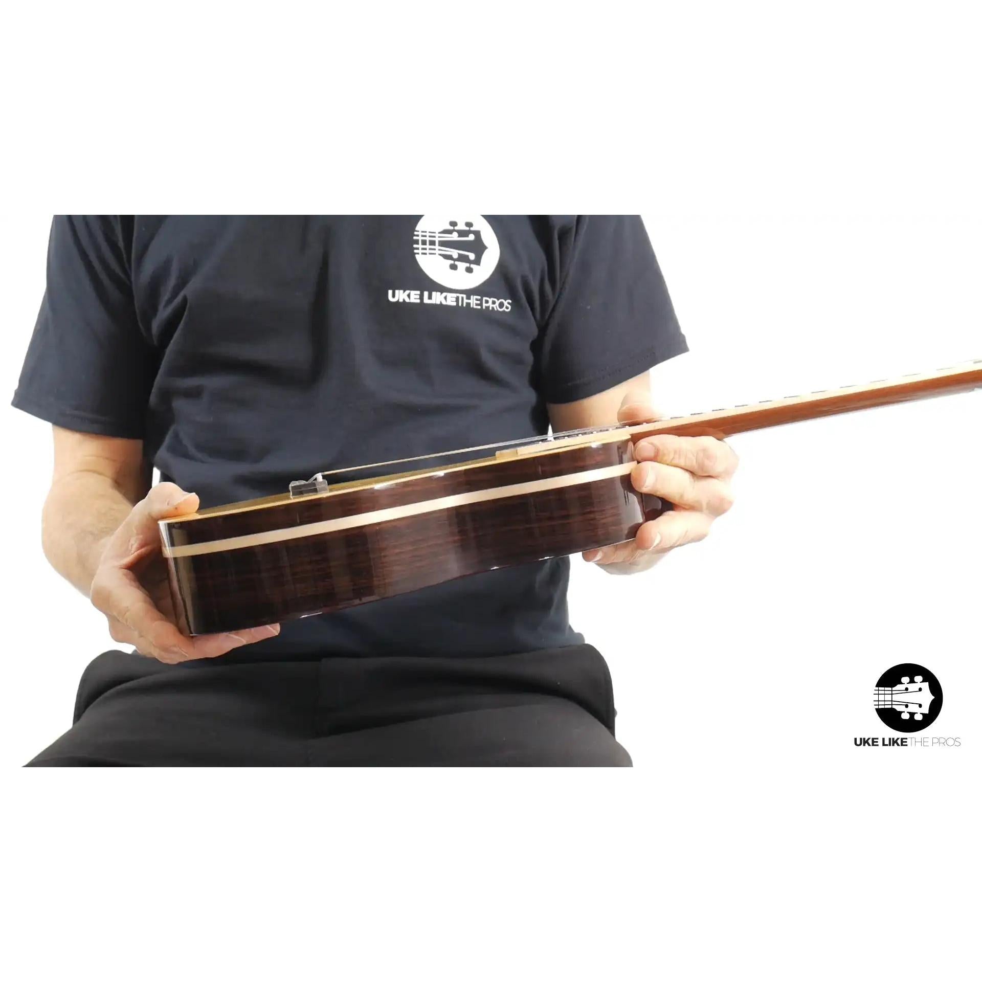 Rebel Quark Sir-Dulce ukulele side view with dark wood body, Terry Carter Music Store
