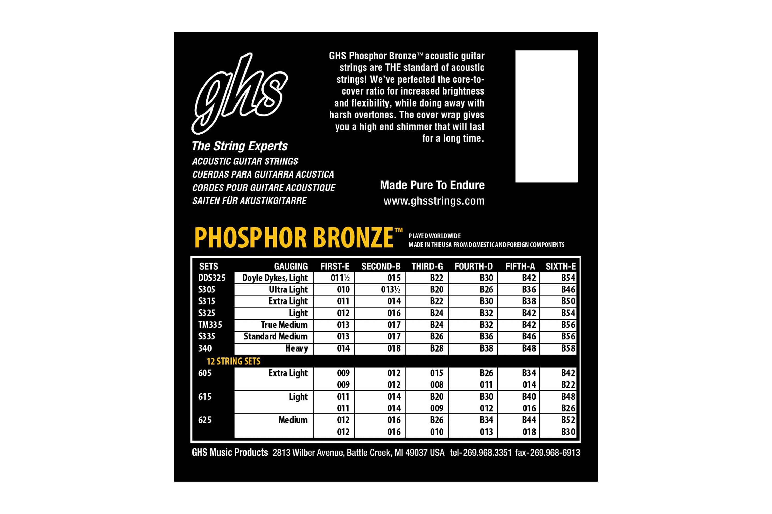 GHS S315 Phosphor Bronze Acoustic Guitar Strings - Extra Light .011-.050