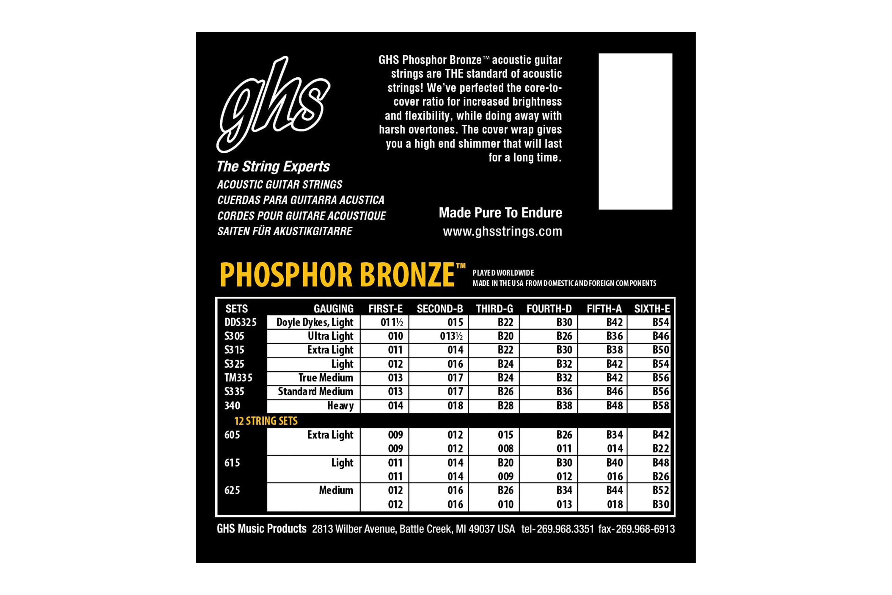 GHS S325 Phosphor Bronze Acoustic Guitar Strings - Light .012-.054