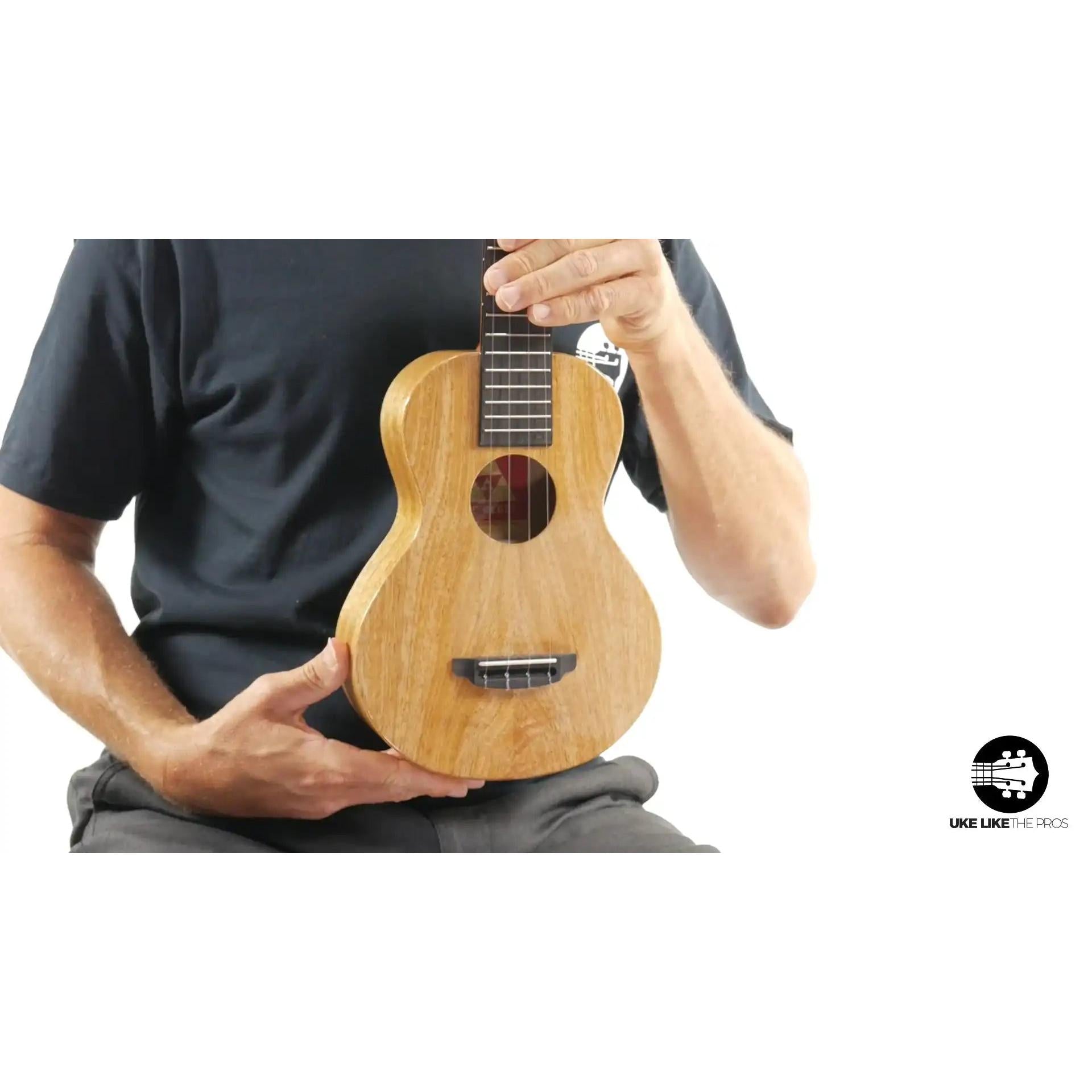 Person holding natural wood finish ukulele, Uke Like the Pros visible, Terry Carter Music Store