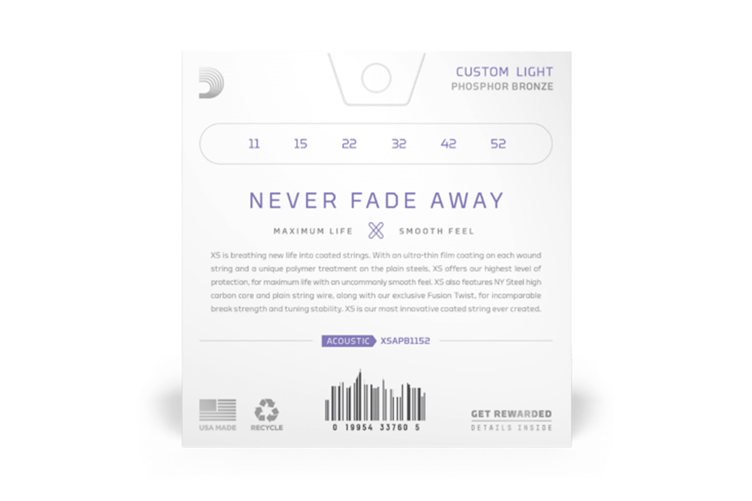 D'addario XSAPB1152 XS Phosphor Bronze Coated Acoustic Guitar Strings - Custom Light .011-.052