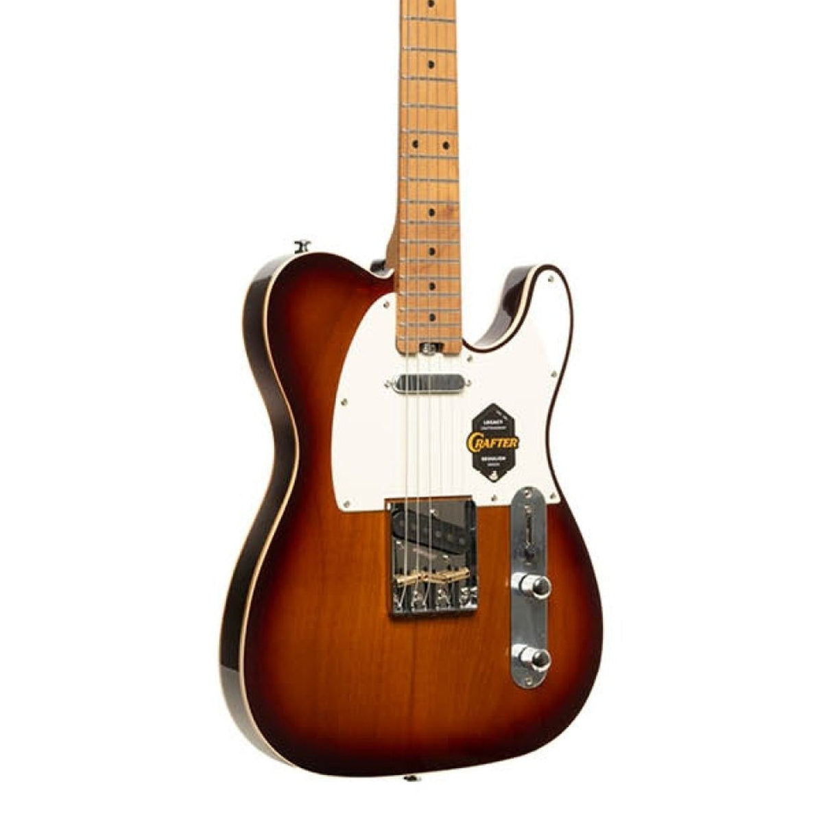 Body front of the Crafter Modern Seoul T60-Style Electric Guitar - Tobacco Sunburst, with some of the fretboard