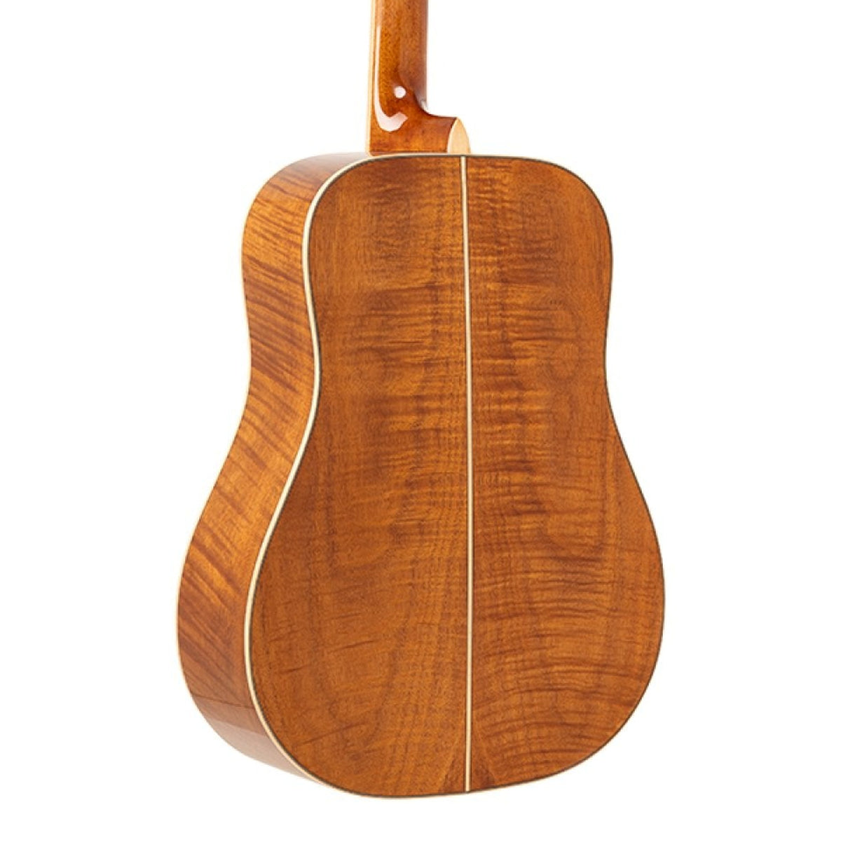 Body back of the Stagg SA45 D-FM Series 45 Dreadnought Acoustic Guitar with Spruce Top, with the base of the neck