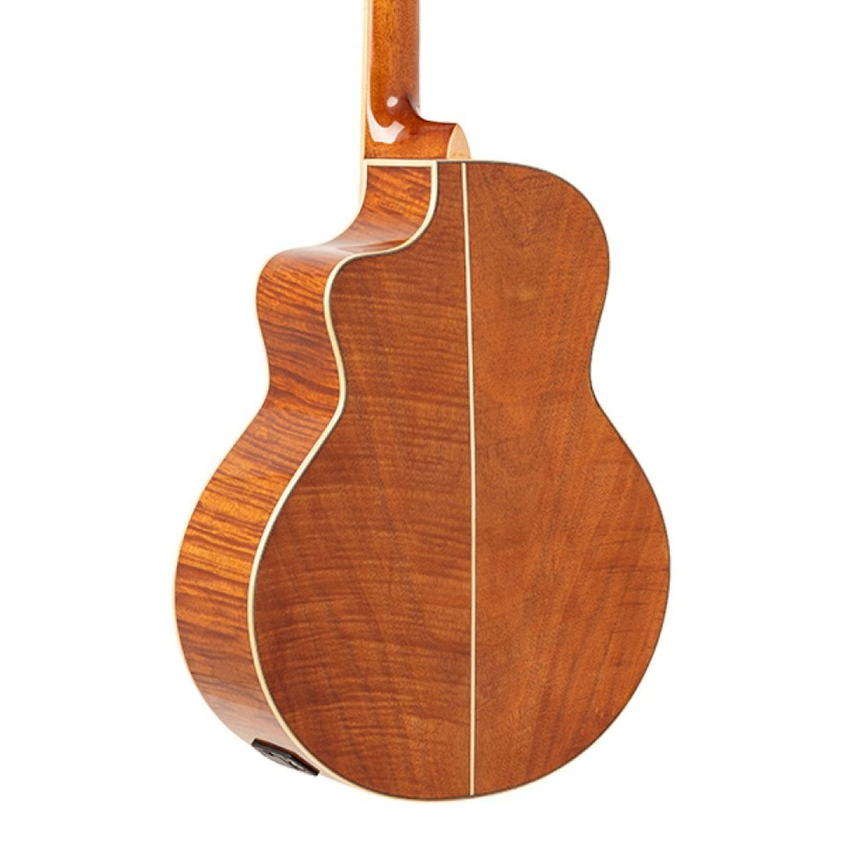 Body back of the Stagg SA45 OCE-FM Series 45 Orchestra Cutaway Acoustic-Electric Guitar with Spruce Top, with the base of the neck