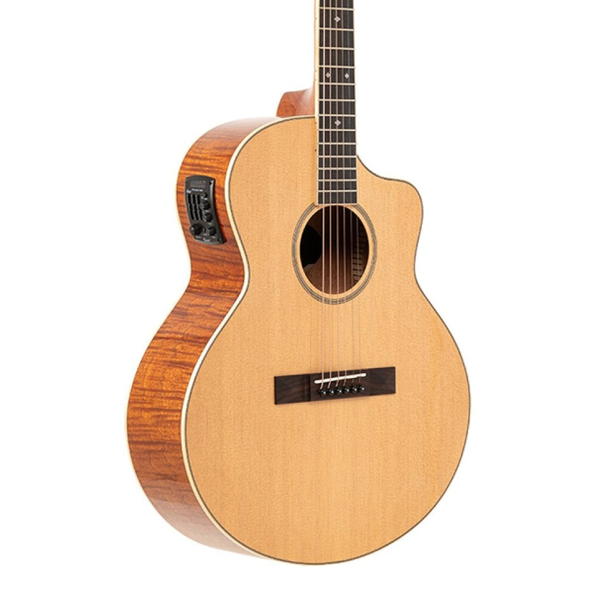 Body front of the Stagg SA45 OCE-FM Series 45 Orchestra Cutaway Acoustic-Electric Guitar with Spruce Top, with some of the fretboard