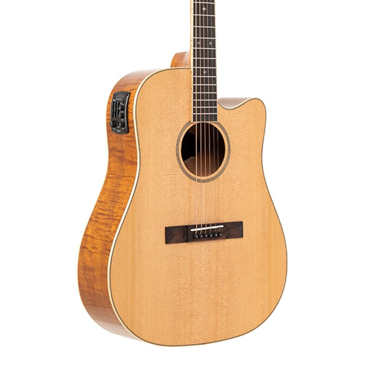 Body front of the Stagg SA45 DCE-FM Series 45 Dreadnought Cutaway Acoustic-Electric Guitar with Spruce Top, with some of the fretboard