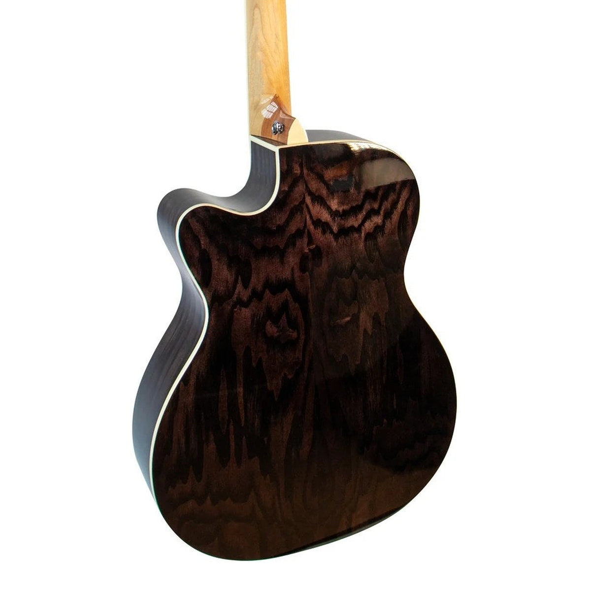 Body back of the Mérida ROMEO-EQ Classic Series Orchestra Acoustic-Electric Guitar, with the base of the neck