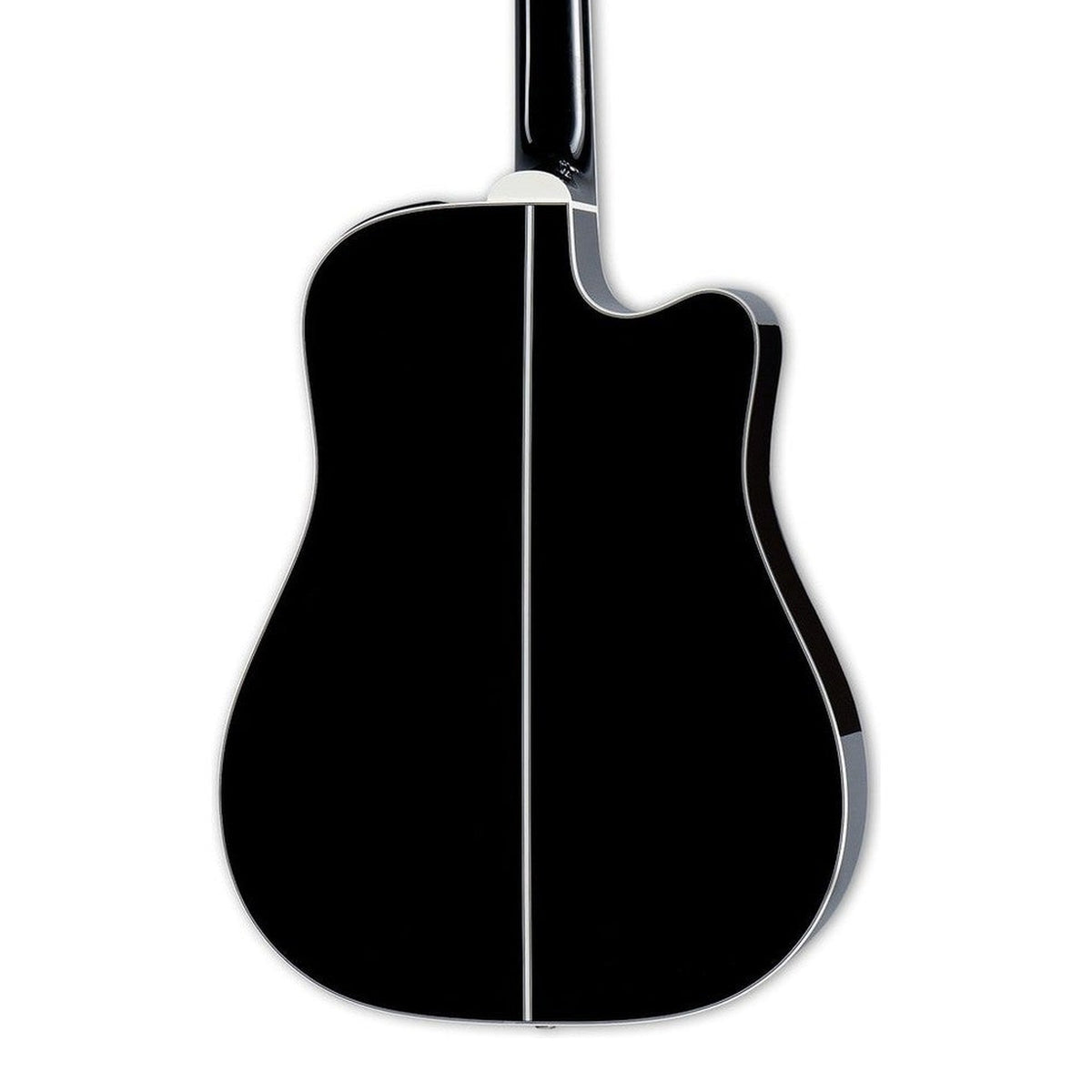Body back of the Takamine EF341DX LH Left-Handed Deluxe Dreadnought Cutaway Acoustic-Electric Guitar, with the base of the neck
