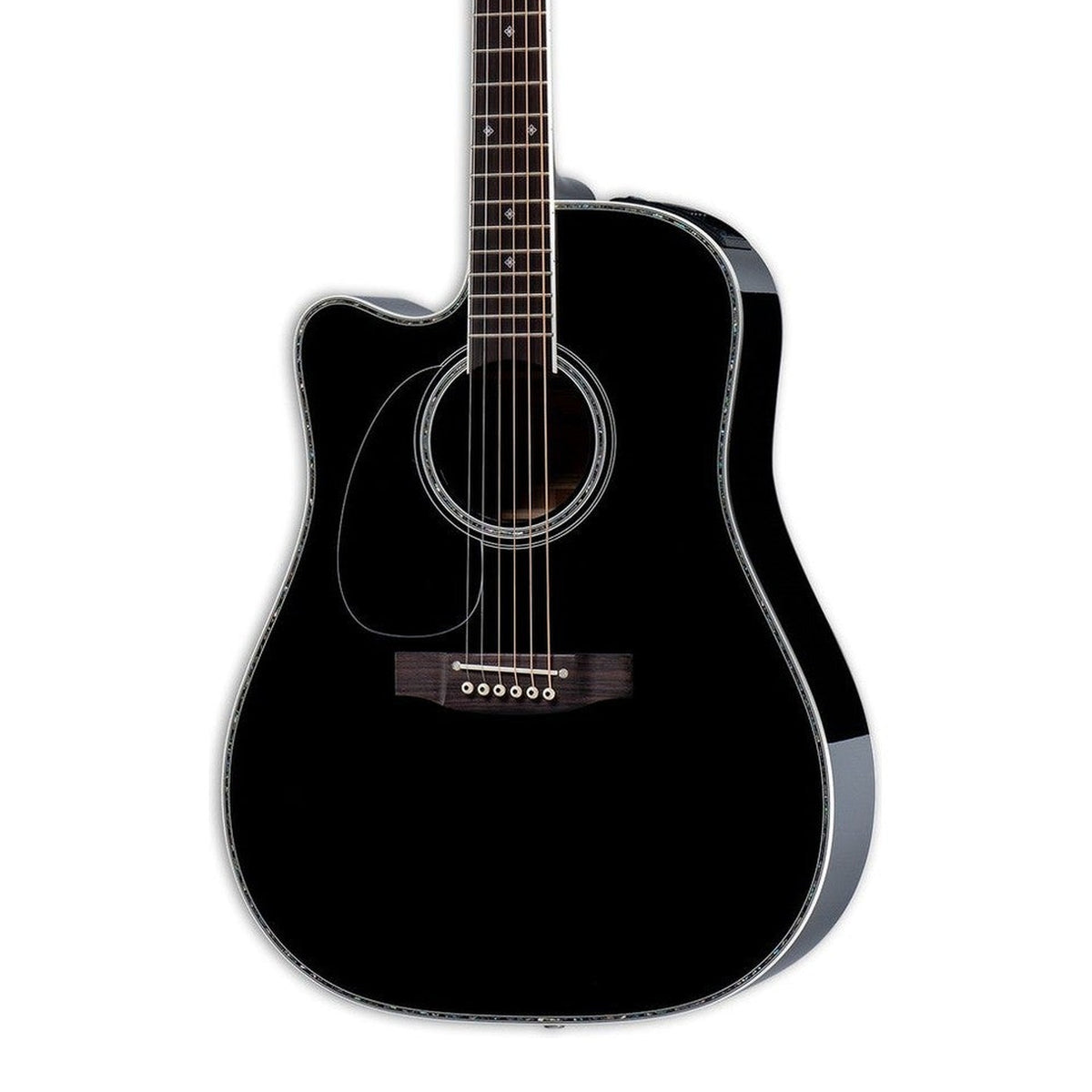 Body front of the Takamine EF341DX LH Left-Handed Deluxe Dreadnought Cutaway Acoustic-Electric Guitar, with some of the fretboard