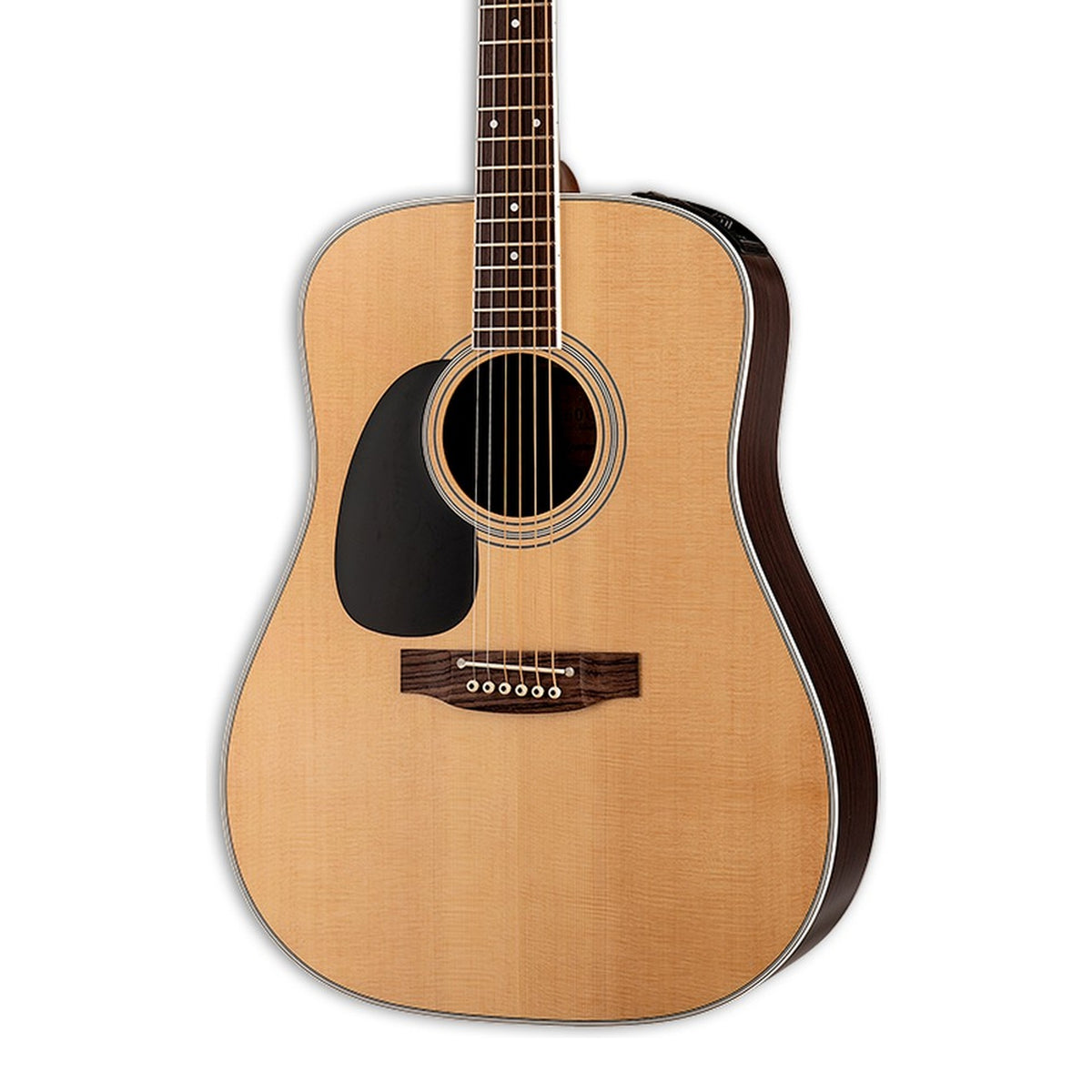 Body front of the Takamine EF360GF LH Left-Handed Glenn Frey Dreadnought Acoustic-Electric Guitar, with some of the fretboard