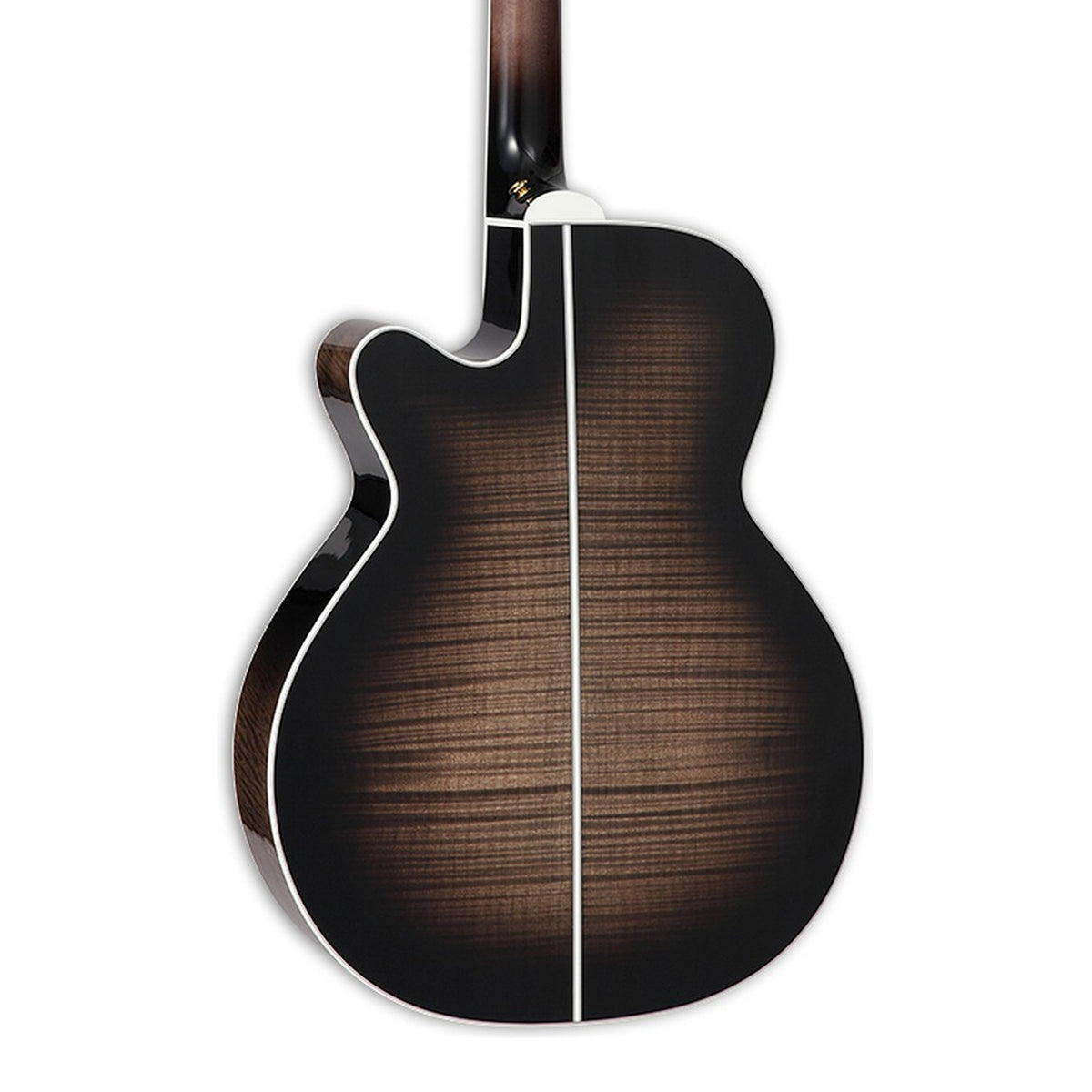 Body back of the Takamine EF450C TT Black Burst NEX Cutaway Thermal Top Acoustic-Electric Guitar, with the base of the neck