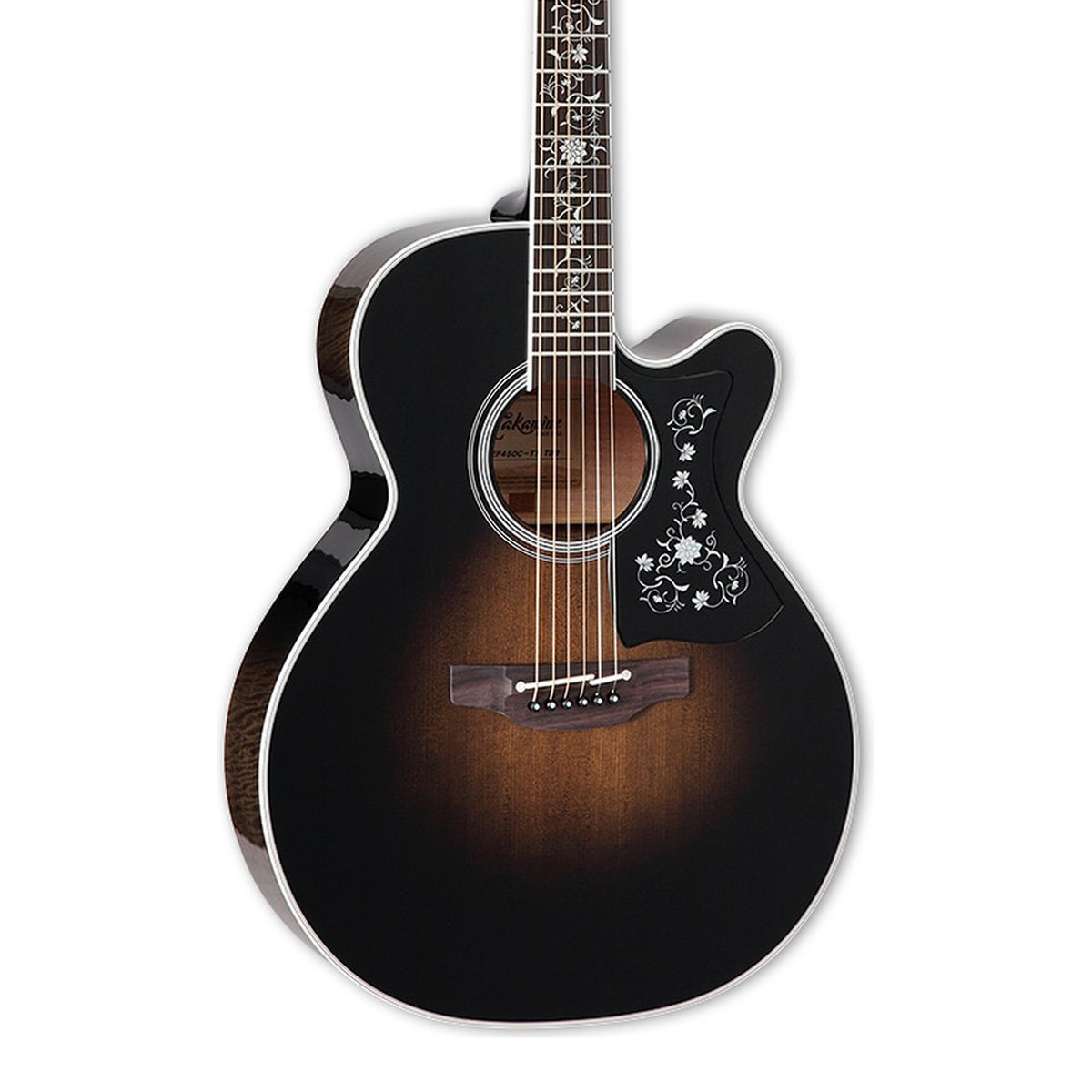 Body front of the Takamine EF450C TT Black Burst NEX Cutaway Thermal Top Acoustic-Electric Guitar, with some of the fretboard