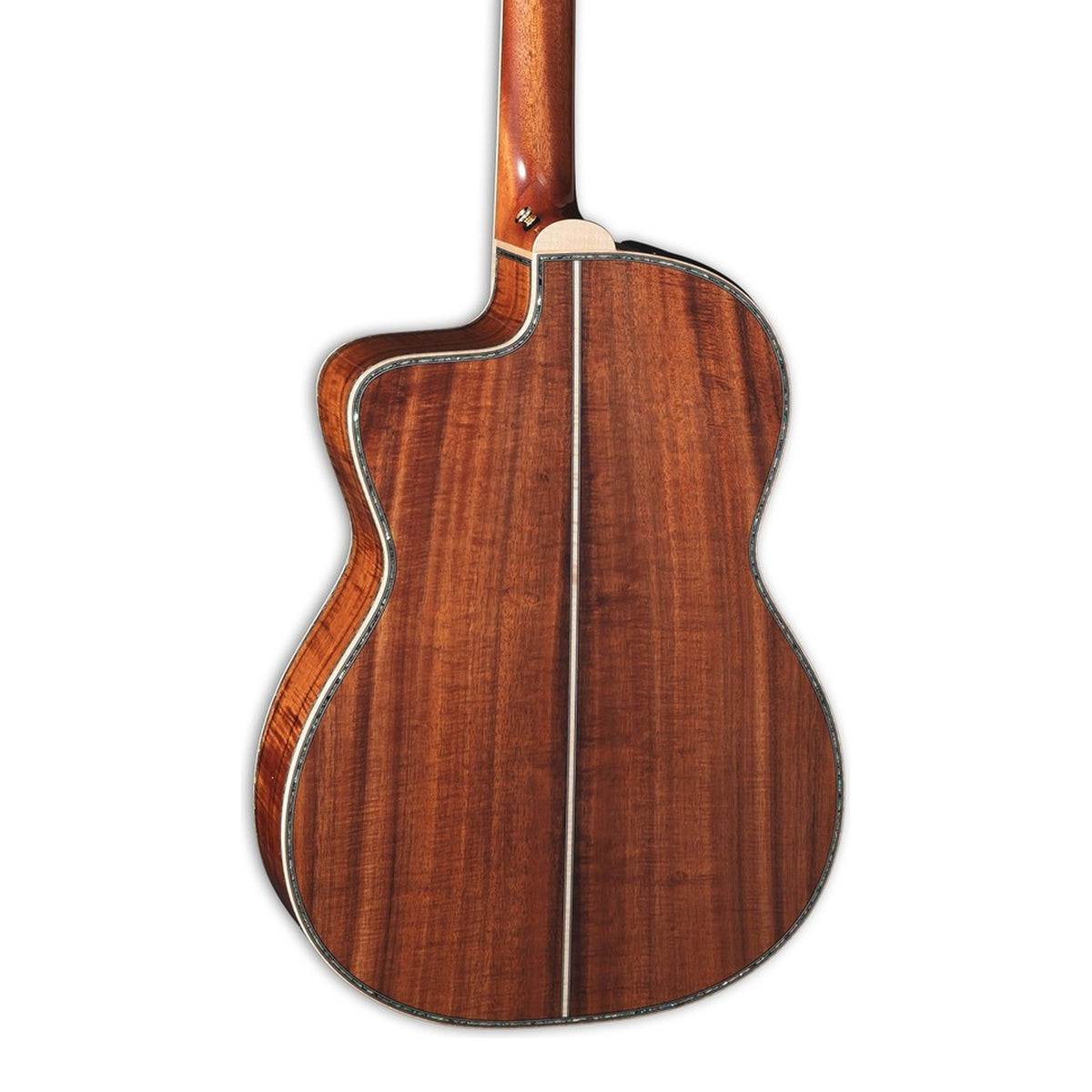 Body back of the Takamine THE 60TH 60th Anniversary Limited Edition Concert Cutaway Acoustic-Electric Guitar, with the base of the neck