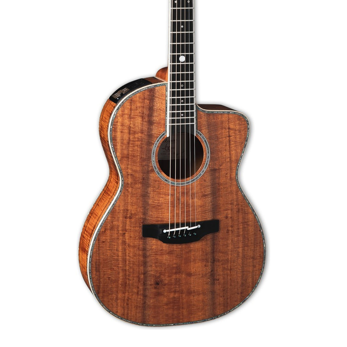 Body front of the Takamine THE 60TH 60th Anniversary Limited Edition Concert Cutaway Acoustic-Electric Guitar, with some of the fretboard