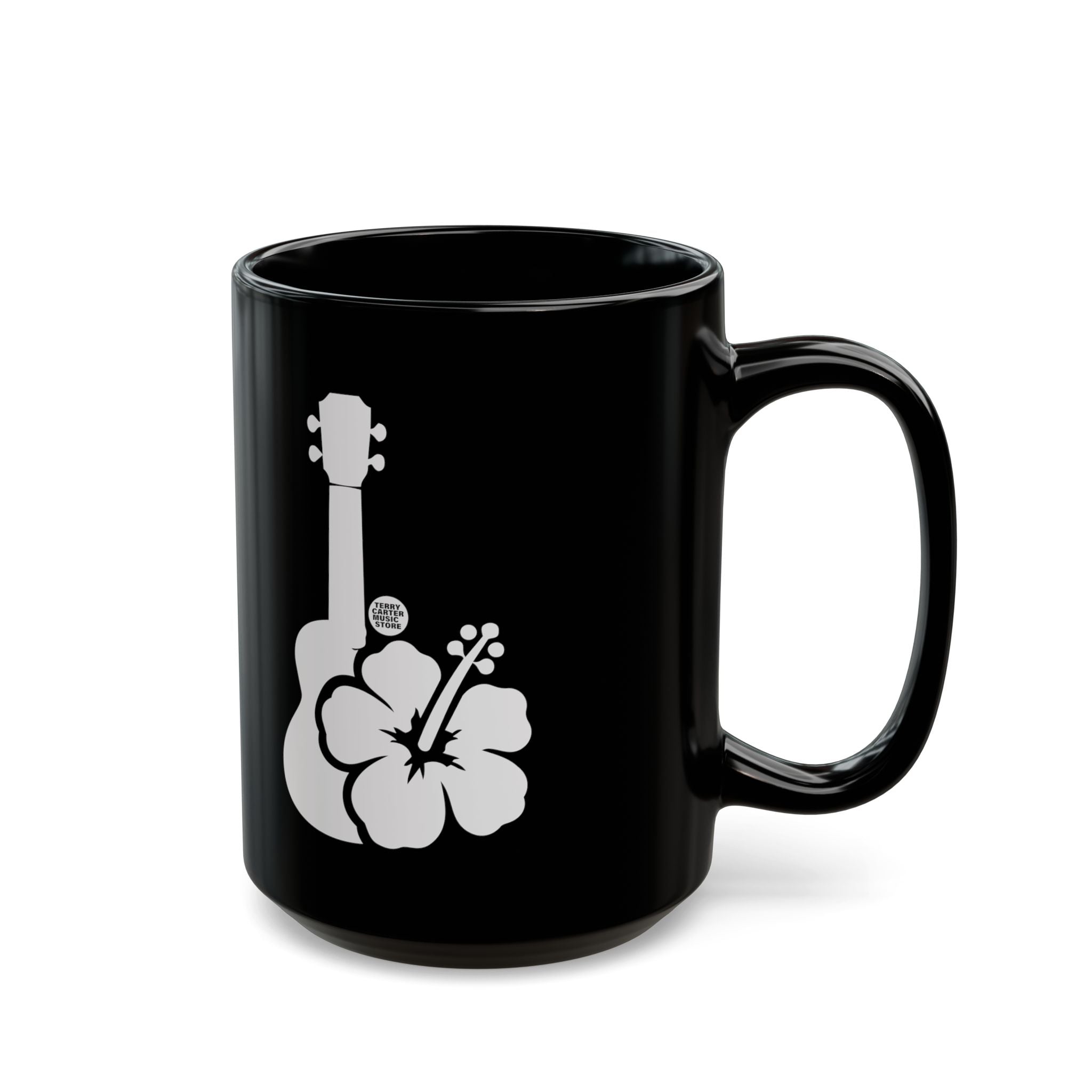 Ukulele Musician Black Ceramic Mug with Hibiscus - 11oz & 15oz
