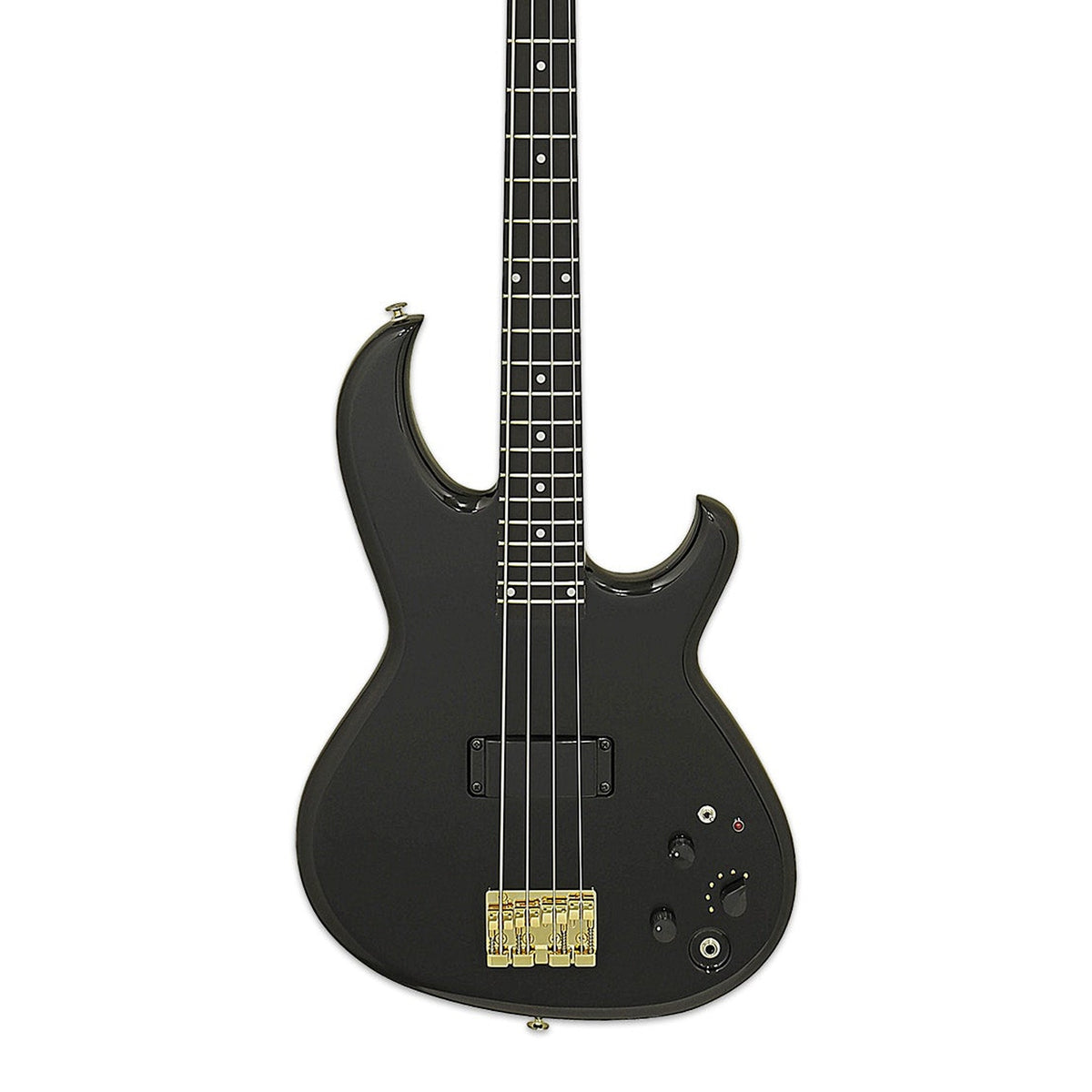 Body front of the Aria Pro II SB-1000 Reissue Electric Bass Guitar - Black, with some of the fretboard