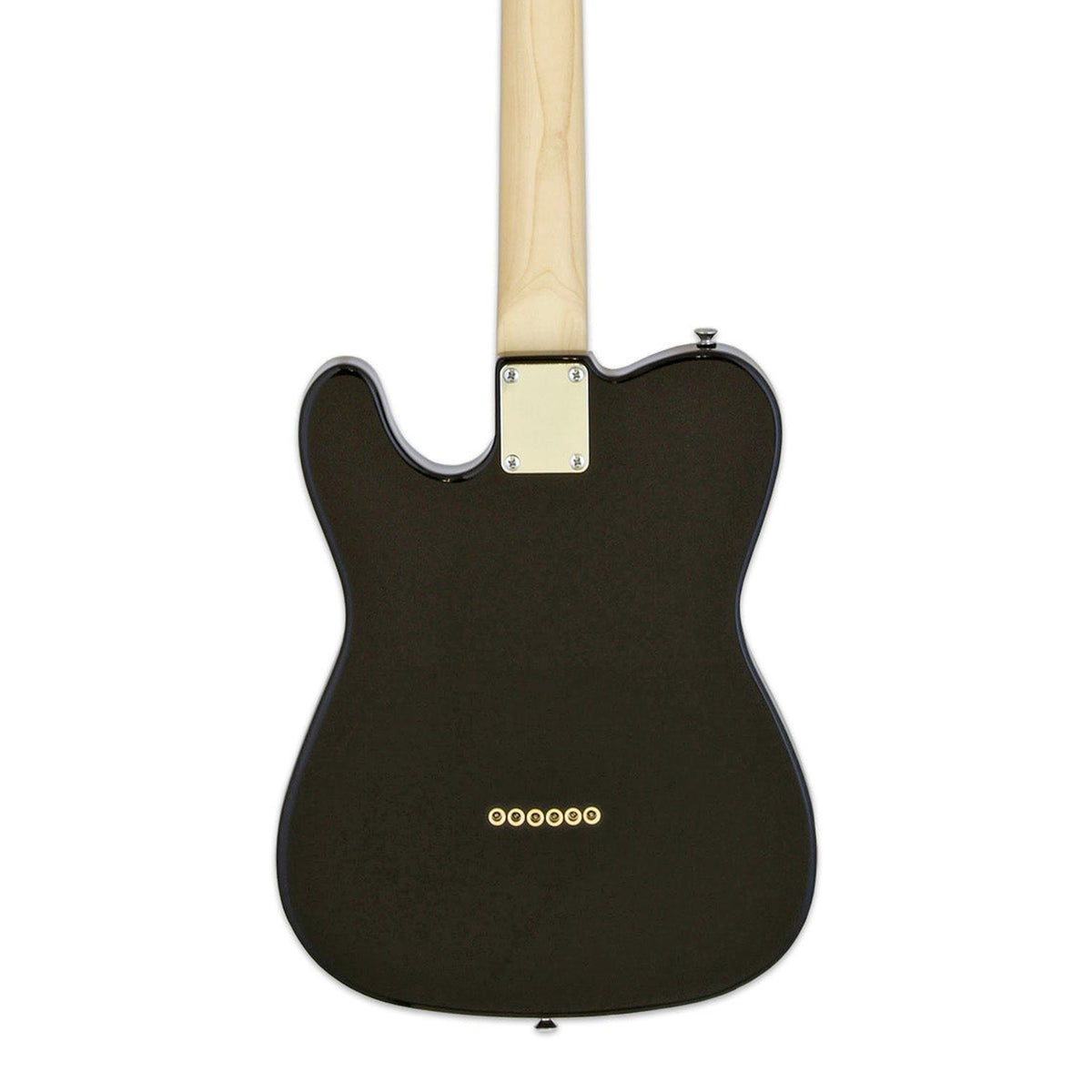 Body back of the Aria TEG-002 Pro II Electric Guitar - Black with Red Tortoise Pickguard, with the base of the neck