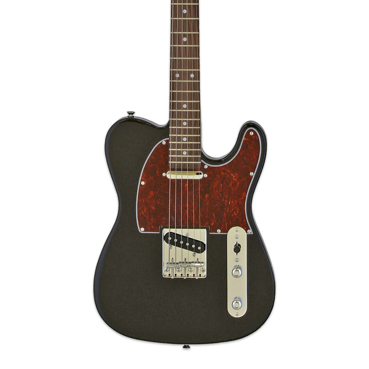 Body front of the Aria TEG-002 Pro II Electric Guitar - Black with Red Tortoise Pickguard, with some of the fretboard