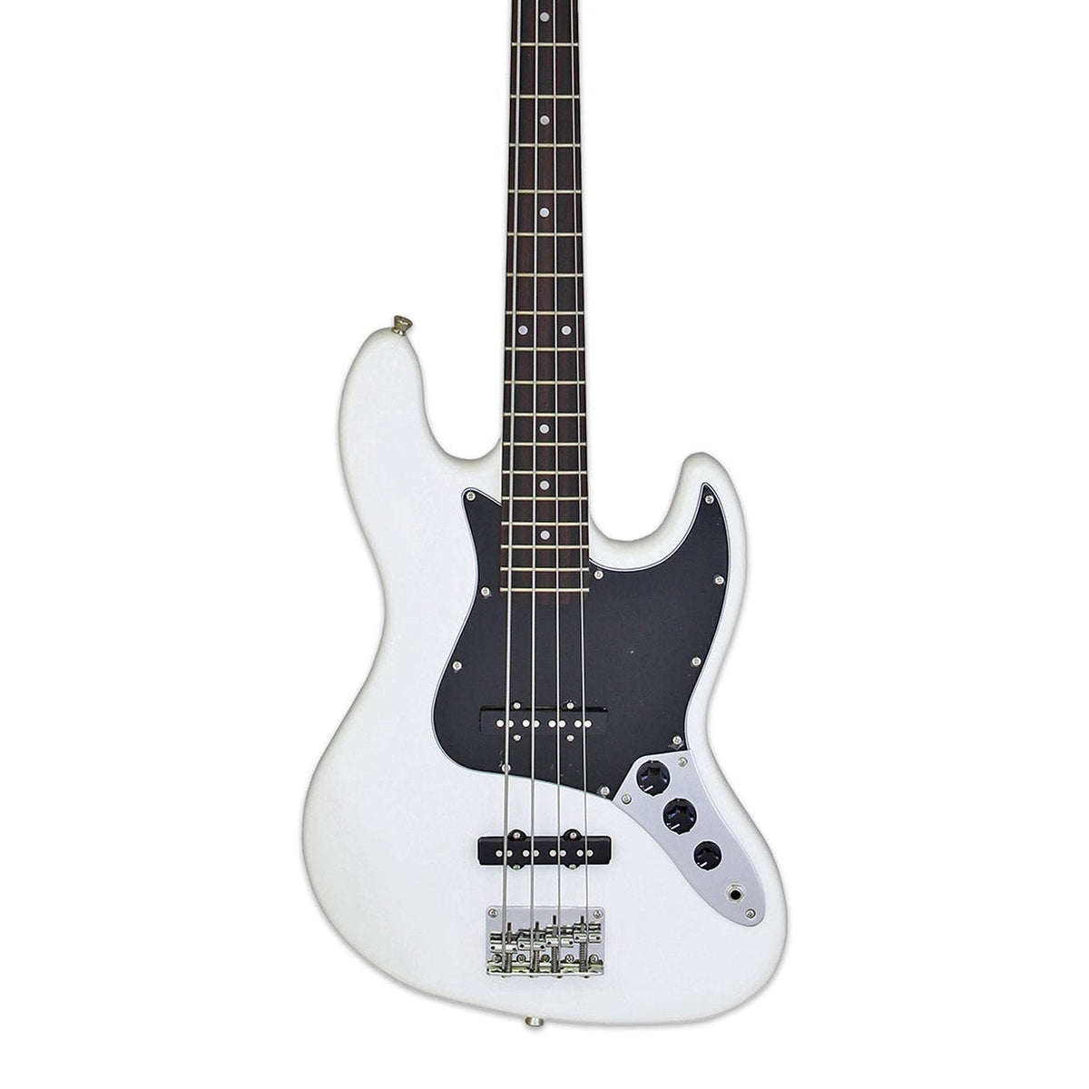 Body front of the Aria Pro II STB-JB Electric Jazz Bass Guitar - White, with some of the fretboard
