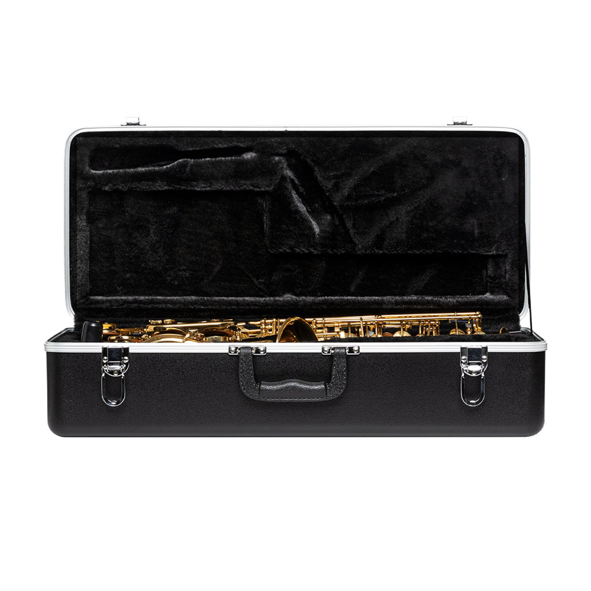 Stagg ABS-AS ABS case for alto saxophone: open case with an alto saxophone in the black plush interior