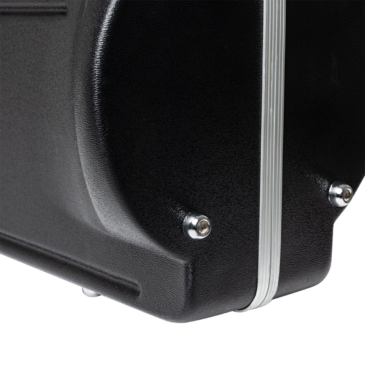 Stagg ABS-TB ABS case for trombone: close-up of the bell-section end with chrome latch and corner foot
