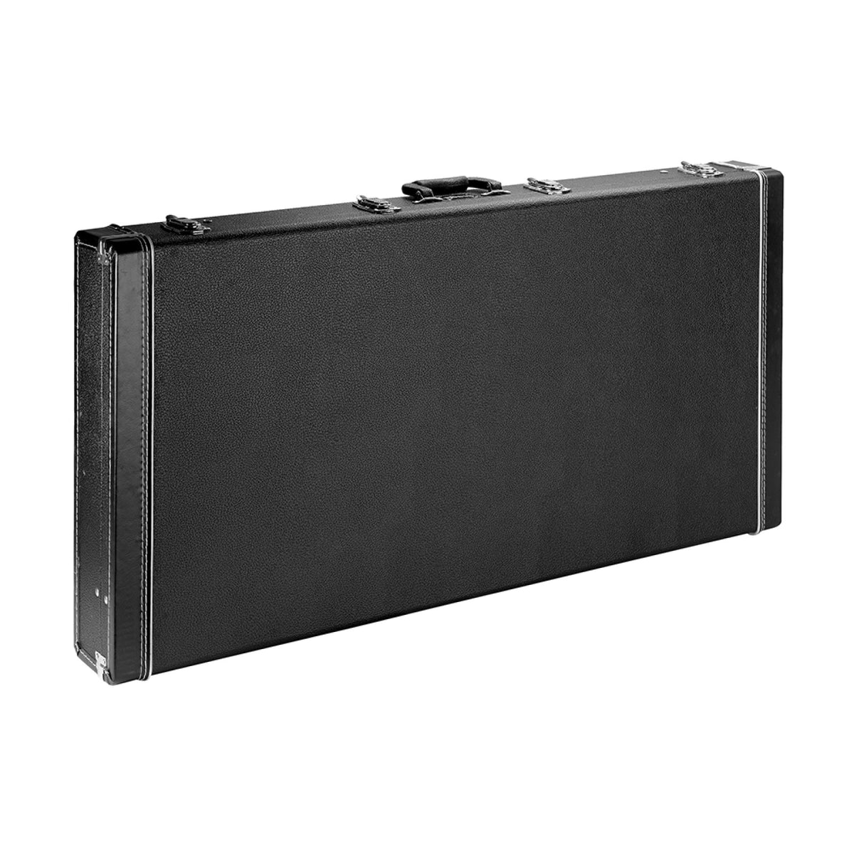 Stagg GDC-8 black guitar stand case, closed, three-quarter view with chrome latches and top handle
