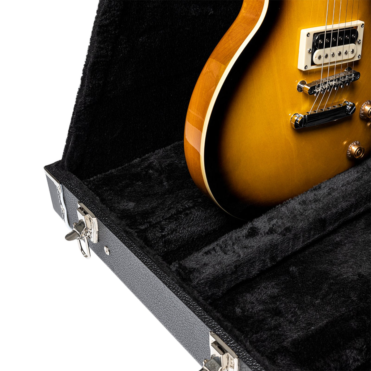Stagg GDC-8 guitar stand case, close-up of the chrome latch and plush interior with a sunburst electric guitar