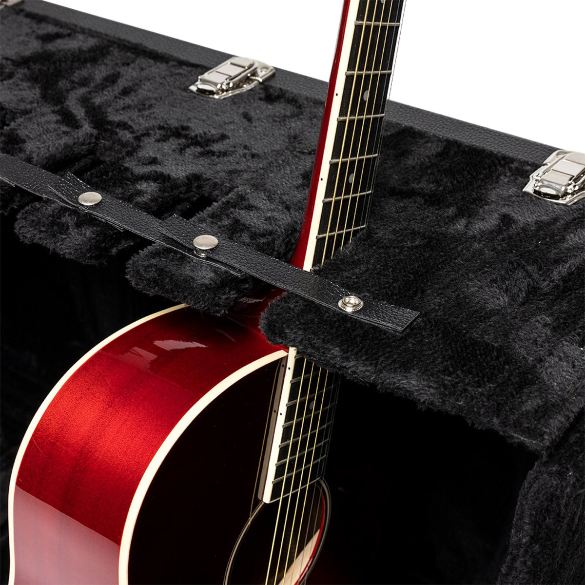 Stagg GDC-8 guitar stand case, close-up of the leather retaining strap holding an acoustic guitar neck