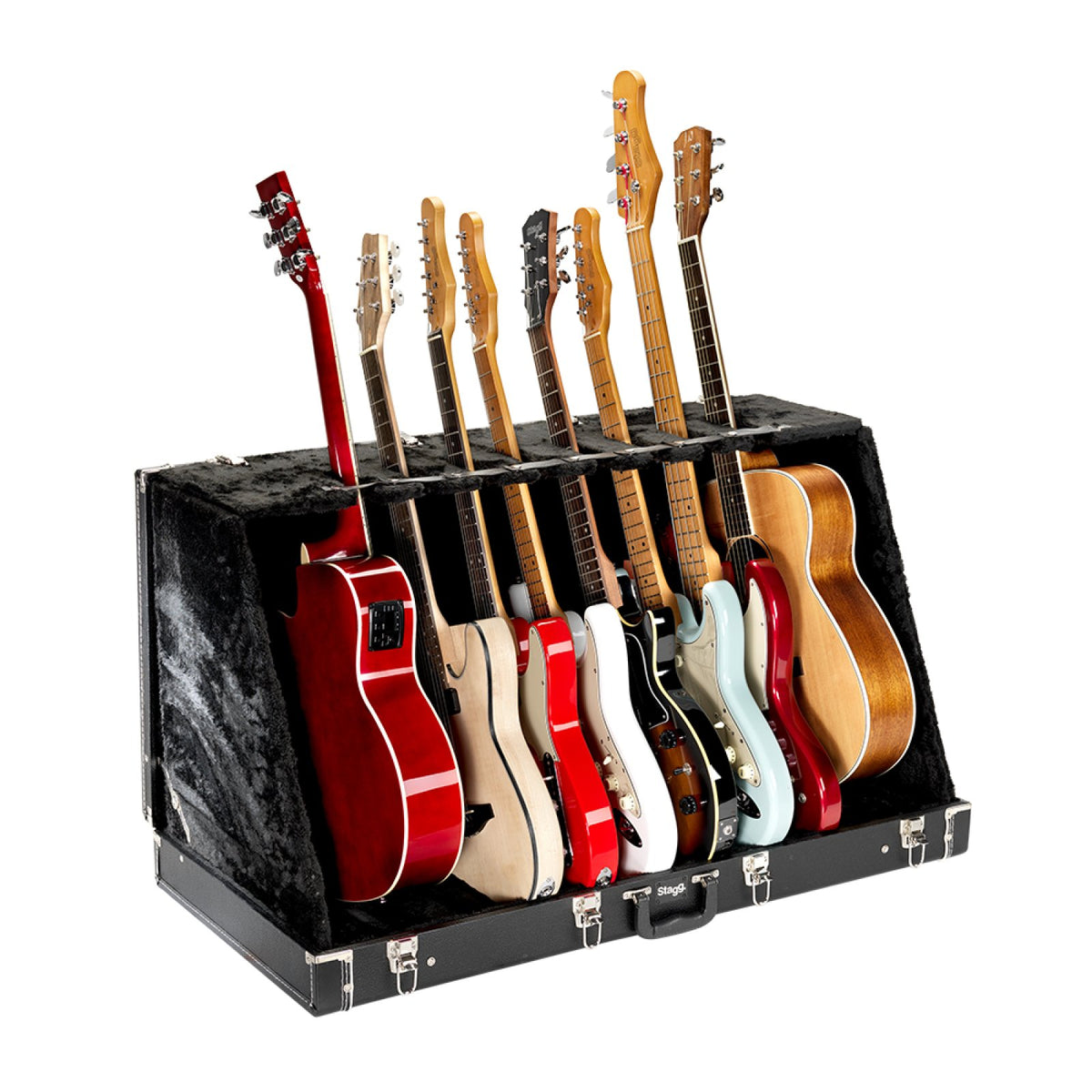 Stagg GDC-8 guitar stand case holding a full row of electric and acoustic guitars upright