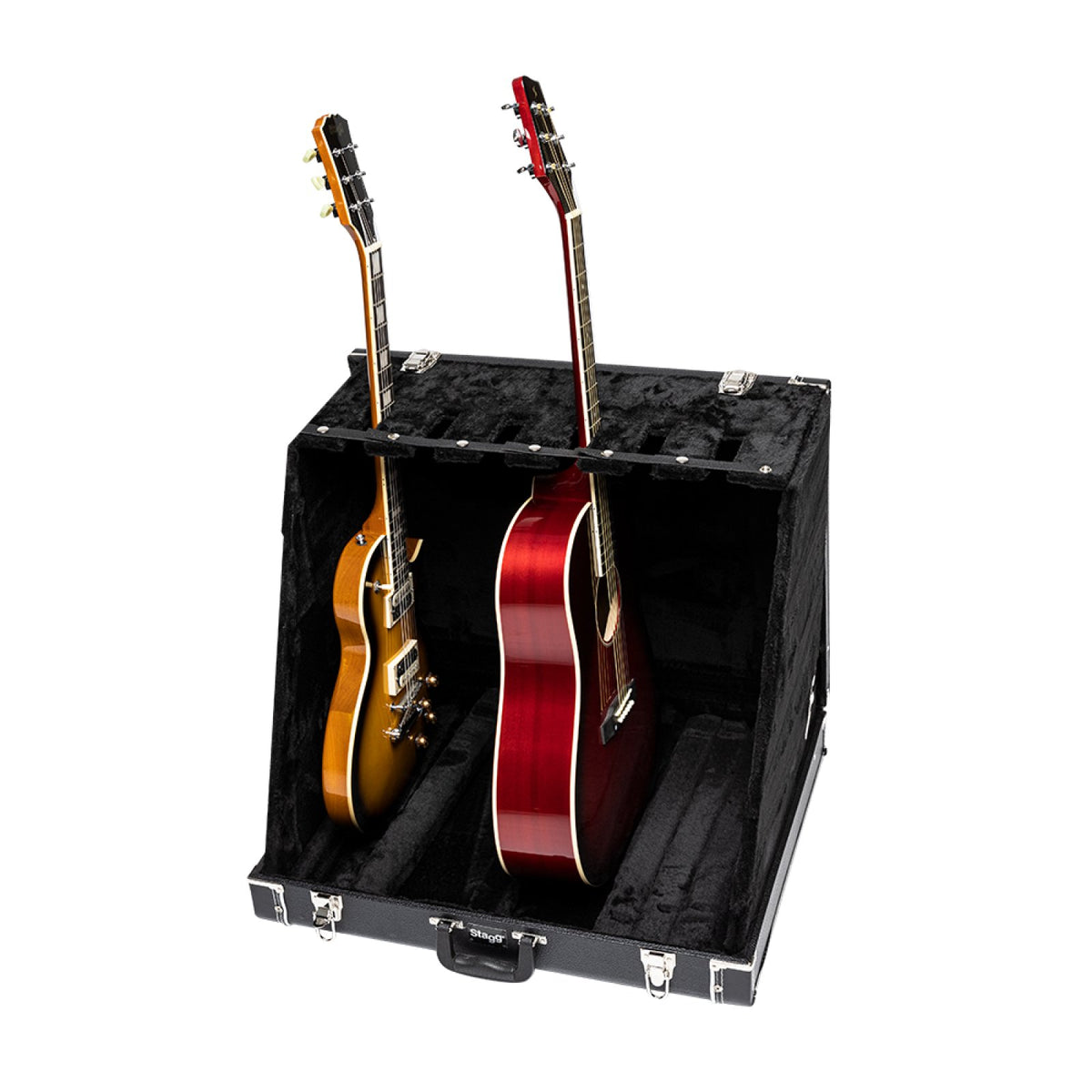 Stagg GDC-6 guitar stand case with an electric guitar and a red acoustic guitar standing in the plush-lined compartments