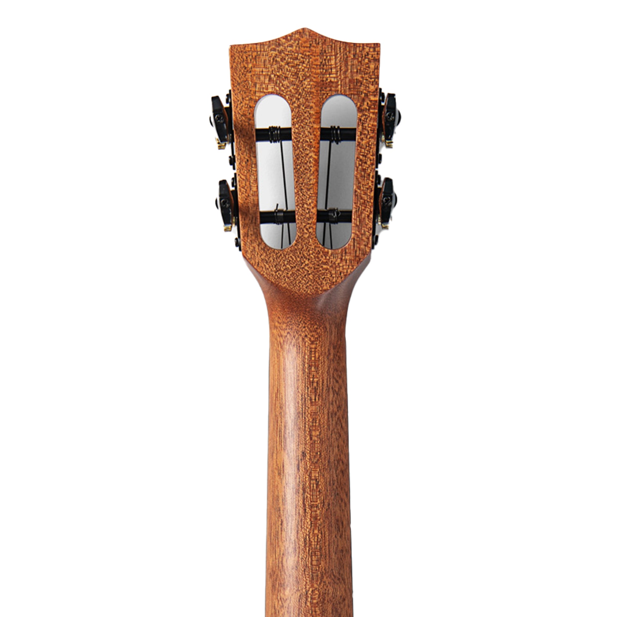 Close-up of the headstock and neck of a wooden ukulele, showing the natural brown wood grain, four tuning pegs, and two sound holes against a plain white background.