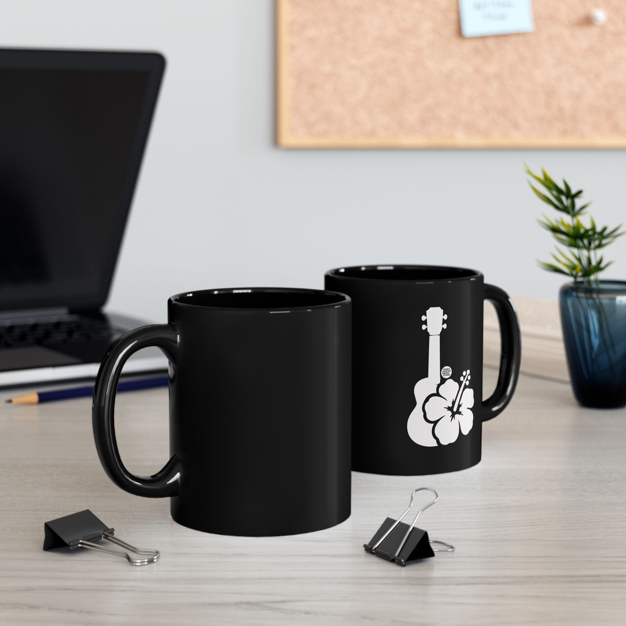Ukulele Musician Black Ceramic Mug with Hibiscus - 11oz & 15oz