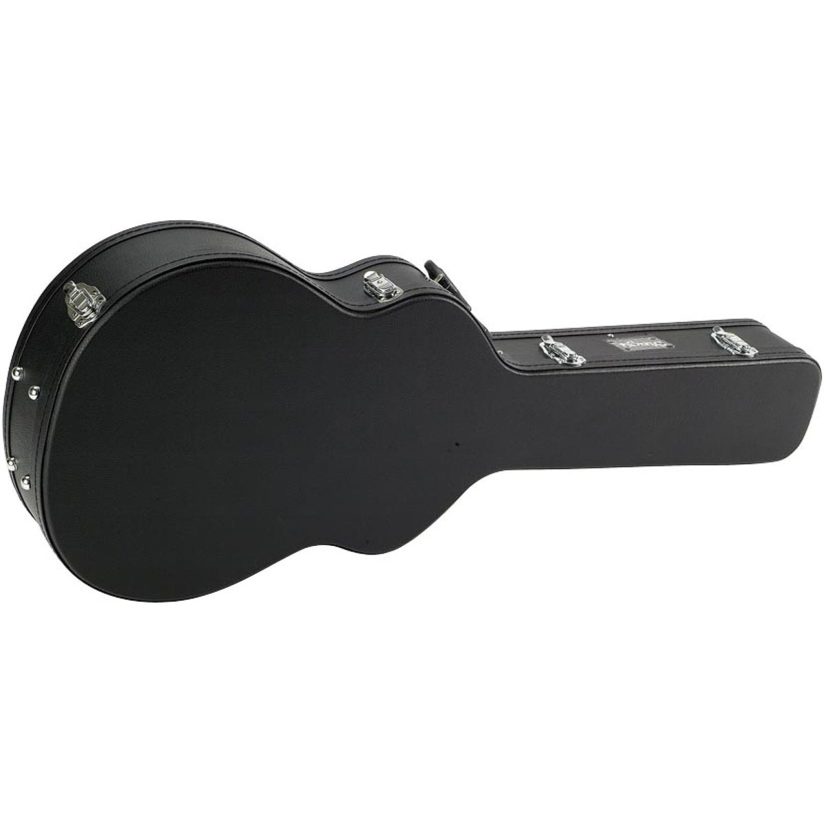 Stagg GCA-J Basic series black hardshell case for jumbo guitar, closed, shown from the front with chrome latches