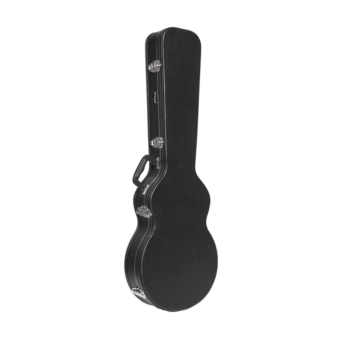Stagg GCA-LP black hardshell case for Les Paul-style guitar, standing upright, front view