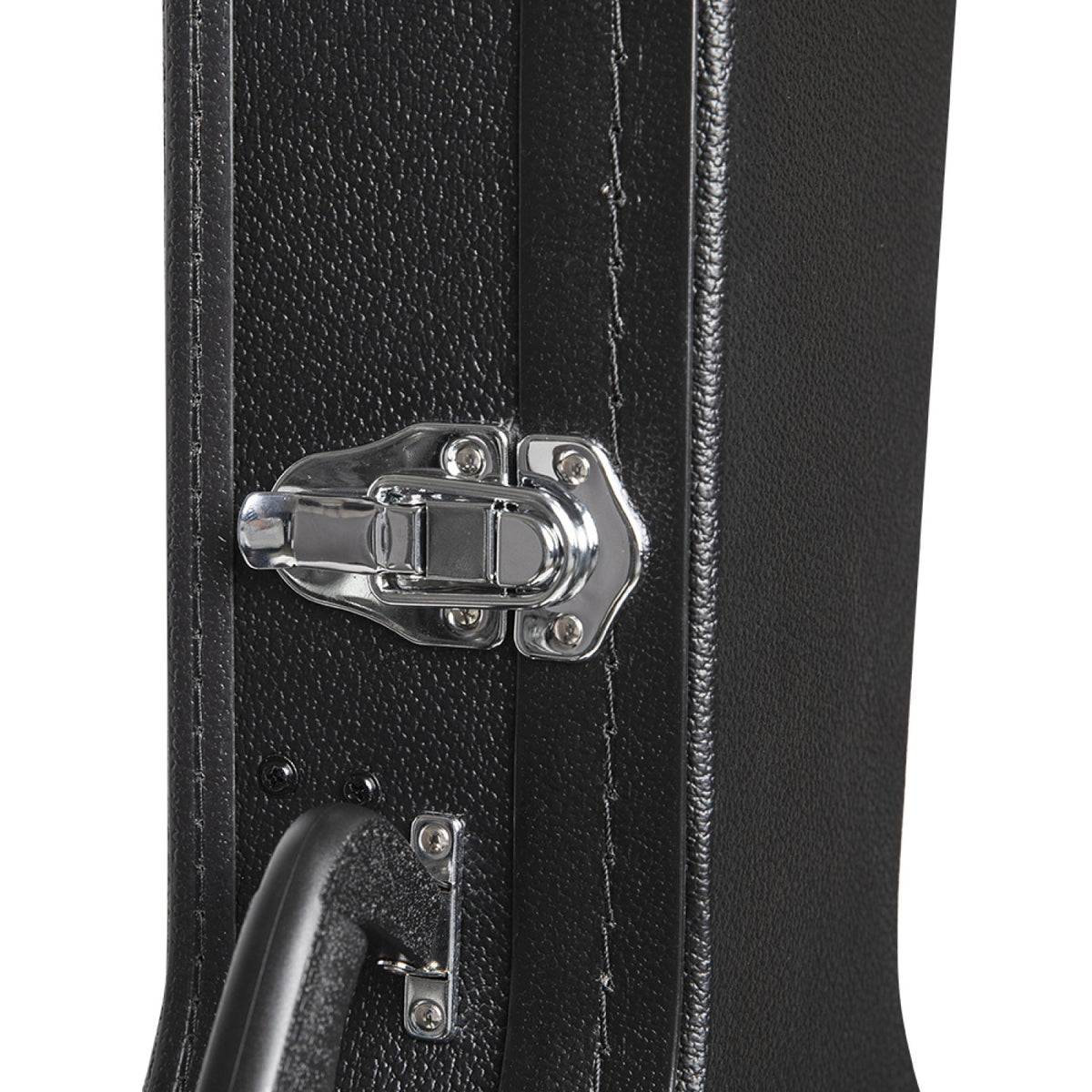 Stagg GCA-LP hardshell case, close-up of a chrome latch and the PVC handle
