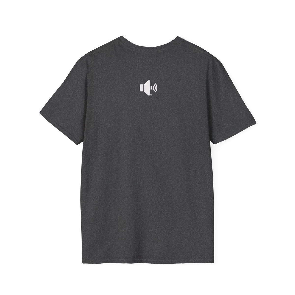 Sound On Speaker Icon t-shirt in dark heather gray, back view with small logo