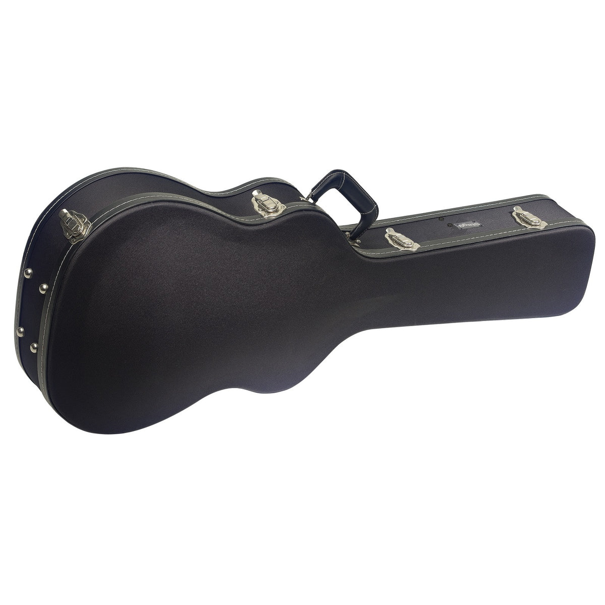 Stagg GCX-W BK vintage-style black tweed deluxe hardshell case for western / dreadnought guitar, closed, with chrome latches and carry handle
