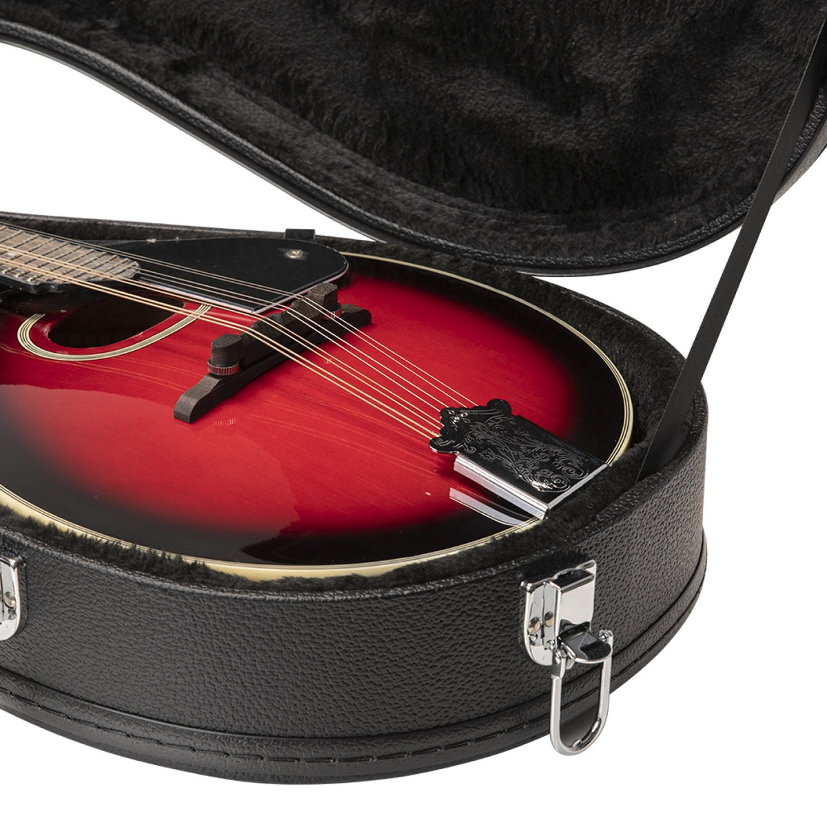 Stagg GCA-M mandolin case holding a red sunburst mandolin, body view with chrome latch