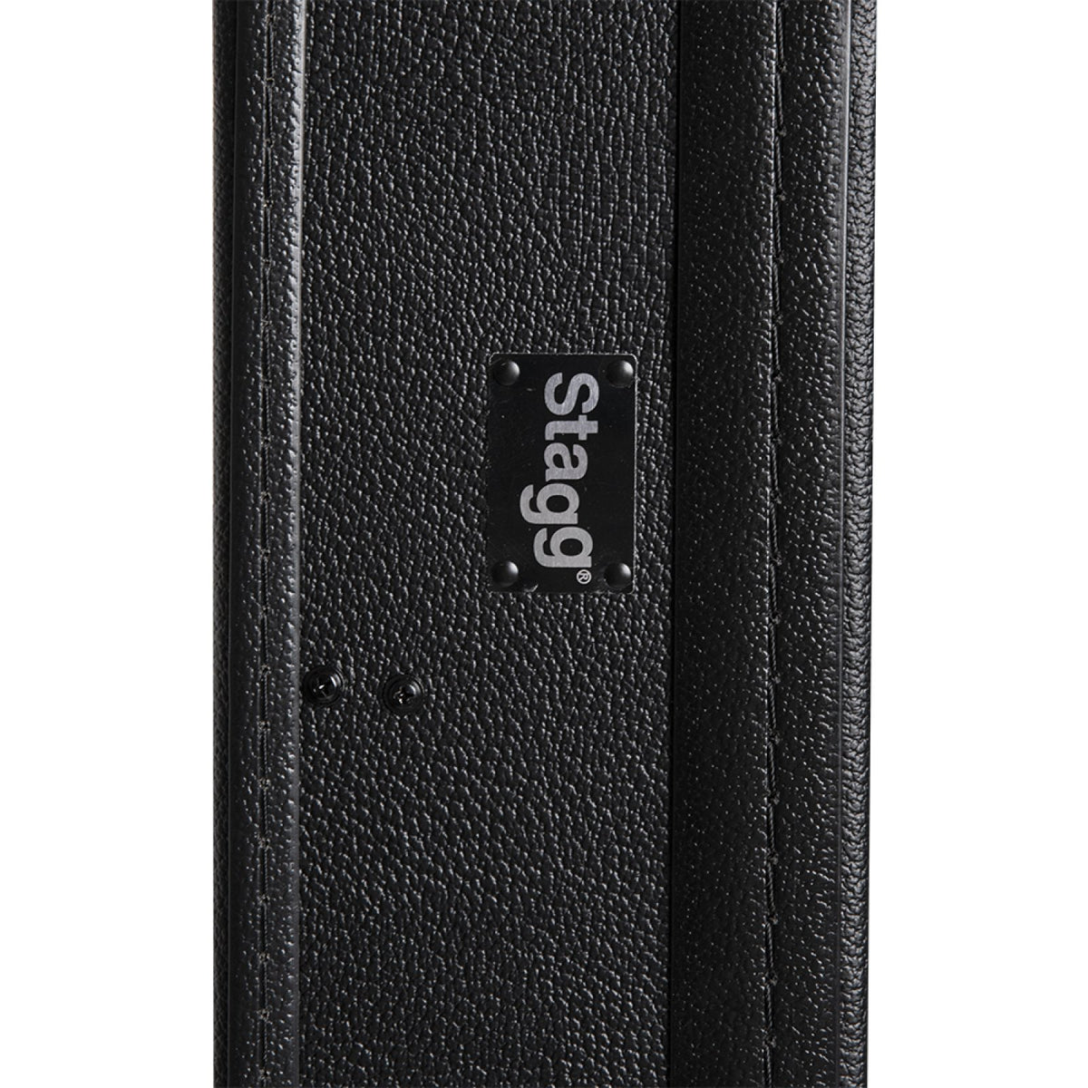 Stagg GCA-BJ5 banjo case, close-up of the Stagg badge and black textured vinyl covering