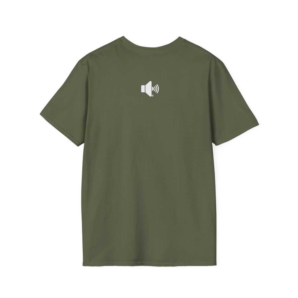 Sound On Speaker Icon t-shirt in military green, back view with small logo