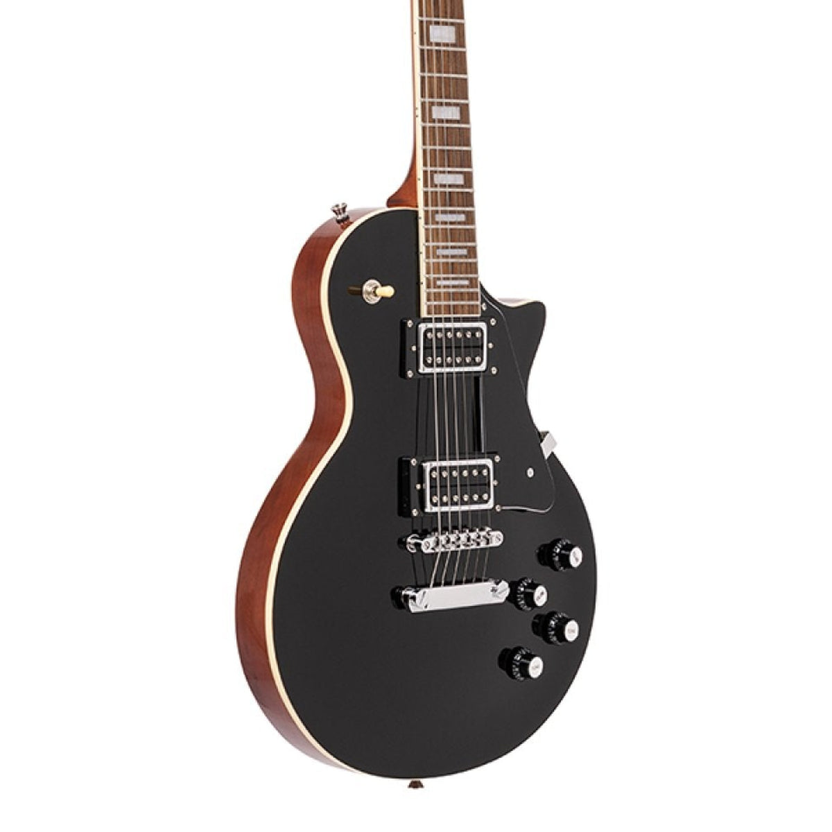 Body front of the Stagg SEL-STD BLK Standard Series Mahogany Archtop Electric Guitar - Black, with some of the fretboard