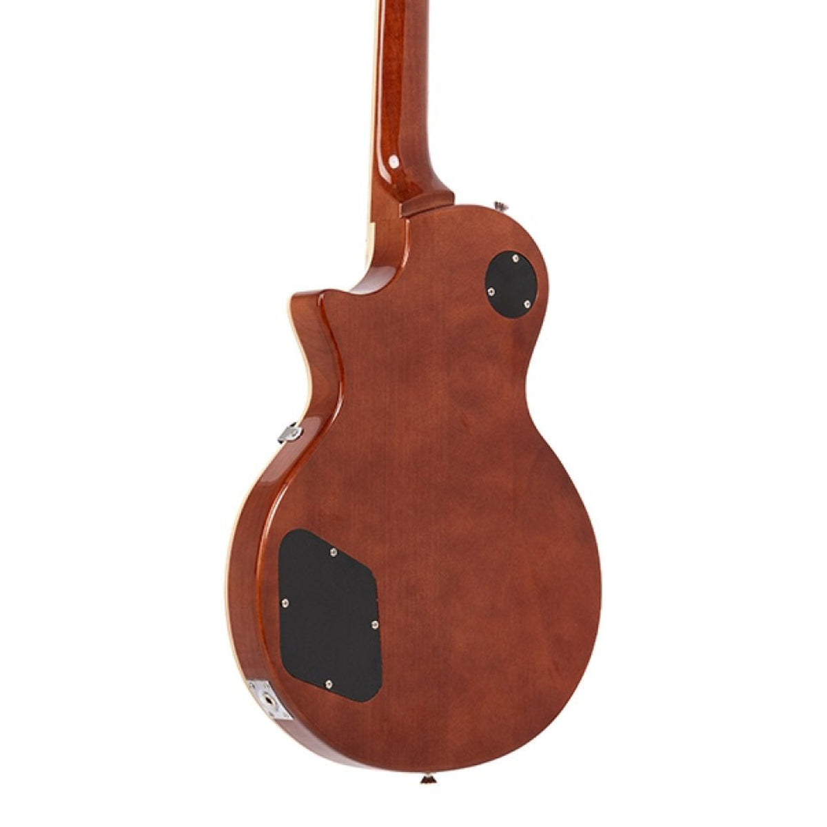 Body back of the Stagg SEL-STD SBLUE Standard Series Mahogany Archtop Electric Guitar - Shoreline Blue, with the base of the neck