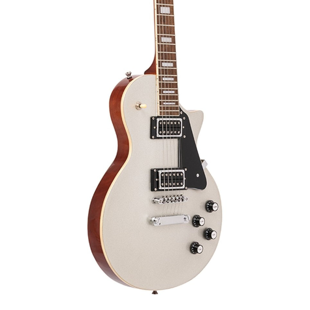 Body front of the Stagg SEL-STD SILVER Standard Series Mahogany Archtop Electric Guitar - Silver Top, with some of the fretboard